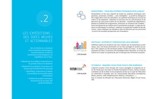 LES EXPÉDITIONS :
DES IDÉES NEUVES
ET ACTIONNABLES
.2
Sur un thème au croisement
entre mutations économiques,
transformations sociales et
innovations technologiques, les
expéditions de la Fing :
> Réunissent les meilleurs innovateurs et
les grands acteurs du domaine
> Repèrent les pratiques, les projets, les
acteurs qui transforment le paysage
> Identifient, scénarisent et aident
à concrétiser de nouvelles pistes
d’innovation
> Initient des projets innovants,
des preuves de concept, des
expérimentations.
FUTUREDUC : IMAGINER L’ECOLE POUR TOUS À L’ÈRE NUMÉRIQUE
L’objectif consiste à faire émerger des visions partagées et originales du futur
de l’école pour tous dans le monde francophone (France, Suisse, Canada).
L’ambition est de se doter d’une prospective action sur le sujet de l’éducation
en s’attachant à travailler avec les communautés éducatives (enseignants,
élèves, parents, chefs d’établissement, éditeurs, innovateurs,…).
Avec le soutien du Ministère de l’Education Nationale, Région Ile de France,
SNE
SOFTPLACE : SYSTÈMES ET STRATÉGIES DES LIEUX PARTAGÉS
SoftPlace explore les mutations des lieux induites par les dynamiques numé-
riques, avec une focale particulière sur les lieux partagés et ouverts aux pu-
blics. Elle s’appuie sur des territoires pilotes, urbains et ruraux : le 19e arron-
dissement de Paris, le territoire d’Euroméditerranée à Marseille, et le Pays de
Guéret et la Lozère, en partenariat avec la Fabrique des Territoires innovants.
NOSSYSTÈMES : “POUR DES SYSTÈMES TECHNIQUES INTELLIGIBLES”
NosSystèmes se fixe pour objectif de rendre les systèmes techniques (pro-
grammes, automates, modèles…) plus intelligibles - au profit du dialogue et
de la négociation entre les utilisateurs, les systèmes techniques et ceux qui les
créent ou les exploitent. L’attention se tournera vers les connaissances et les
décisions qui sont prises à partir de ces données : «loyauté des algorithmes»,
éthique et lisibilité des programmes, pertinence et ouverture des modèles…
Dans une démarche qui mettra aussi à contribution le design, il s’agira de res-
taurer ou développer la confiance ; améliorer la qualité des modèles et des dé-
cisions ; mieux impliquer les utilisateurs dans les décisions qui les concernent
; et ouvrir de nouvelles perspectives aux innovateurs.
www.reseau.fing.org/
softplace
www.reseau.fing.org/
futureduc
 