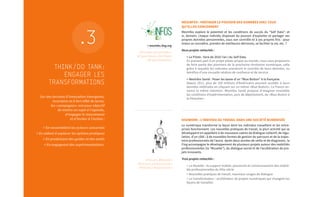 #Données personnelles •
#Capacitation • #Self Data
• #Expérimentation
THINK/DO TANK:
ENGAGER LES
TRANSFORMATIONS
.3
Sur des terrains d’innovation émergents,
incertains et à fort effet de levier,
les «campagnes» ont pour objectif
de mettre un sujet à l’agenda,
d’engager le mouvement
et d’inviter à l’action :
> En rassemblant les acteurs concernés
> En aidant à explorer les options pratiques
> En produisant des guides et des outils
> En engageant des expérimentations.
MESINFOS : PARTAGER LE POUVOIR DES DONNÉES AVEC CEUX
QU’ELLES CONCERNENT
MesInfos explore le potentiel et les conditions de succès du “Self Data”: et
si, demain, chaque individu disposait du pouvoir d’exploiter et partager ses
propres données personnelles, sous son contrôle et à ses propres fins : pour
mieux se connaître, prendre de meilleures décisions, se faciliter la vie, etc. ?
Deux projets rattachés :
> Le Pilote : faire de 2016 l’an I du Self Data.
En prenant part à un projet pilote unique au monde, nous vous proposons
de faire partie des pionniers de la prochaine révolution numérique, celle
grâce à laquelle les individus prendront le contrôle de leurs données, au
bénéfice d’une nouvelle relation de confiance et de service.
> MesInfos Santé : Poser les bases d’un “Blue Button” à la française.
Depuis 2011, plus de 100 millions d’Américains peuvent accéder à leurs
données médicales en cliquant sur un même «Blue Button». La France
annonce la même intention. MesInfos Santé propose d’imaginer ensemble
les conditions d’expérimentation, puis de déploiement, du «Blue Button à
la française».
DIGIWORK : L’INDIVIDU AU TRAVAIL DANS UNE SOCIÉTÉ NUMÉRISÉE
Le numérique transforme la façon dont les individus travaillent et les entre-
prises fonctionnent. Les nouvelles pratiques de travail, la pluri-activité qui se
développent en appellent à de nouveaux cadres de dialogue collectif, de régu-
lation, d’un côté ; à de nouvelles formes de gestion du parcours et de la trajec-
toire professionnels de l’autre. Après deux années de veille et de diagnostic, la
Fing accompagne le développement de plusieurs projets autour des mobilités
professionnelles (la “Musette”), du dialogue social et de l’accélération de pro-
jets innovants.
Trois projets rattachés :
> La Musette : le support mobile, personnel et communautaire des mobili-
tés professionnelles du XXIe siècle
> Nouvelles pratiques de travail, nouveaux usages de dialogue
> Le transformateur : accélérateur de projets numériques qui changent les
façons de travailler.
#Travail • #Mobilité •
#Parcours professionnels •
#Individu • #Capacitation
http://mesinfos.fing.org
 