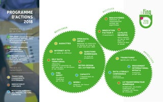 2018
#EXPLORER
SELF DATA
TERRITORIAL
(Mesinfos)
Explorer le potentiel du
self-data pour un territoire
et ses citoyens
RETRO-DESIGN
DE L’ATTENTION
FING
QUEST
La culture
numérique
par le jeu
CAPACITY
L’empowerment en
questions
WORK+
Imaginer les futurs
du travail
INTERNET ACTU
Le média de référence
QUESTIONS
NUMÉRIQUES
Le cycle de
prospective
OPEN DATA
IMPACT
Mobiliser et construire
la feuille de route de
l'open data pour 2025
AUDACITIES
#MO
BILISER
LE TRANSFORMATEUR
NUMÉRIQUE
Accélérateur de projets
numériques qui
changent les façons
de travailler
DATA LITERACY
CONFERENCE
Conférence
internationale
MOUVEMENT
INTERNATIONAL
MYDATA
Promouvoir
le self data
TRANSITIONS2
Agenda pour le futur
#ACTIVER
INNOVATION
FACTEUR 4
(Transitions2)
NOSSYSTÈMES
Améliorer la
responsabilité
sociale des
algorithmes
LE PILOTE
MESINFOS
Faire franchir
un cap au Self
Data, en
France et dans
le monde
PROJETS ET
THÉMATIQUES
MUTATIONS HUMAINES :
JEU, TRAVAIL, CULTURE,
CAPACITÉS
TRANSITIONS,
CHANGEMENTS
SYSTÉMIQUES
INNOVATION ET
CONFIANCE
DYNAMIQUES AU COEUR
DE LA FING
#
#
#
EXPLORER : creuser des pistes
exploratoires, défricher, faire
de la prospective, de
l’intelligence collective.
ACTIVER : conduire des
campagnes, des
expérimentations.
MOBILISER : engager, au-delà
de la Fing, un mouvement
collectif sur des sujets
transformateurs.
Programme
d’actions
2018
 