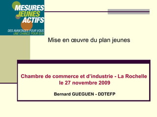 Chambre de commerce et d’industrie - La Rochelle  le 27 novembre 2009 Bernard GUEGUEN - DDTEFP Mise en œuvre du plan jeunes 