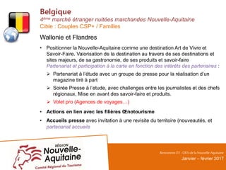 Belgique
4ème marché étranger nuitées marchandes Nouvelle-Aquitaine
Cible : Couples CSP+ / Familles
Wallonie et Flandres
• Positionner la Nouvelle-Aquitaine comme une destination Art de Vivre et
Savoir-Faire. Valorisation de la destination au travers de ses destinations et
sites majeurs, de sa gastronomie, de ses produits et savoir-faire
Partenariat et participation à la carte en fonction des intérêts des partenaires :
 Partenariat à l’étude avec un groupe de presse pour la réalisation d’un
magazine tiré à part
 Soirée Presse à l’etude, avec challenges entre les journalistes et des chefs
régionaux. Mise en avant des savoir-faire et produits.
 Volet pro (Agences de voyages…)
• Actions en lien avec les filières Œnotourisme
• Accueils presse avec invitation à une revisite du territoire (nouveautés, et
partenariat accueils
RencontresOT - CRTsdelaNouvelle-Aquitaine
Janvier – février 2017
 