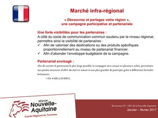 Marché infra-régional
« Découvrez et partagez votre région »,
une campagne participative et partenariale
Une forte visibilités pour les partenaires :
A côté du socle de communication commun soutenu par le niveau régional,
permettra ainsi la visibilité de partenaires :
 Afin de valoriser des destinations ou des produits spécifiques
proportionnellement au niveau de partenariat financier.
 Afin d’abonder l’enveloppe budgétaire de la campagne.
Partenariat envisagé :
Afin desusciter le partenariat le plus large possible, lacampagne sera conçue en plusieurs volets, permettant
aux petites structures d’offrir des lots en natureet aux plus grandes de participer grâceà différentes formules
forfaitaires.
=>De 4000 à20 000 €.
RencontresOT - CRTsdelaNouvelle-Aquitaine
Janvier – février 2017
 
