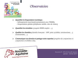 Observatoire
 Quantifier la fréquentation touristique :
- hébergements marchands (notamment avec l’INSEE)
- fréquentation globale (téléphonie mobile, sites de visites)
 Quantifier les retombées (enquête INSEE emploi, …)
 Qualifier les clientèles (clientèle française - SDT, piste cyclables, œnotourisme,…)
œnotourisme,…)
 Communiquer nos données et partager notre expertise (enquêtes de conjoncture et
conjoncture et Chiffres clés)
RencontresOT - CRTsdelaNouvelle-Aquitaine
Janvier – février 2017
 