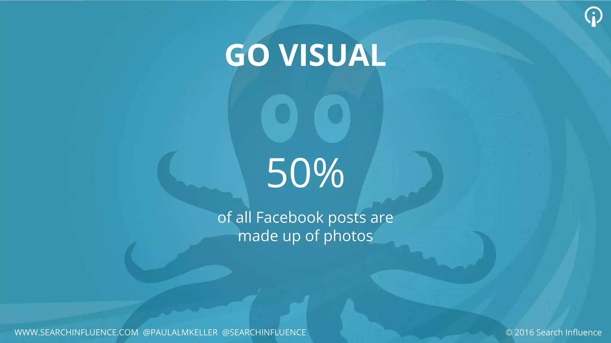 50%
of all Facebook posts are
made up of photos
GO VISUAL
© 2016 Search InfluenceWWW.SEARCHINFLUENCE.COM @PAULALMKELLER @SEARCHINFLUENCE
 