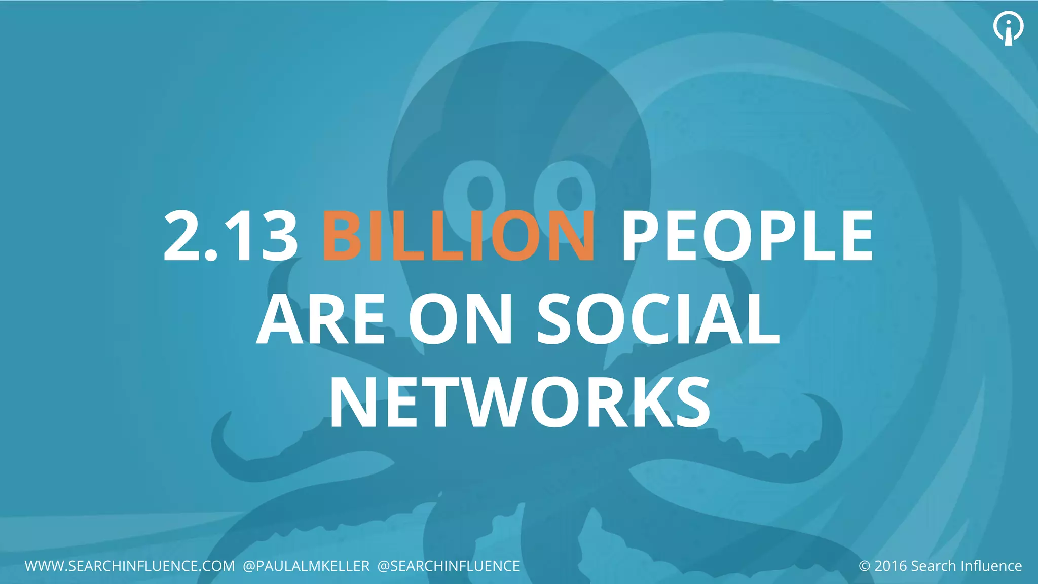 2.13 BILLION PEOPLE
ARE ON SOCIAL
NETWORKS
© 2016 Search InfluenceWWW.SEARCHINFLUENCE.COM @PAULALMKELLER @SEARCHINFLUENCE
 