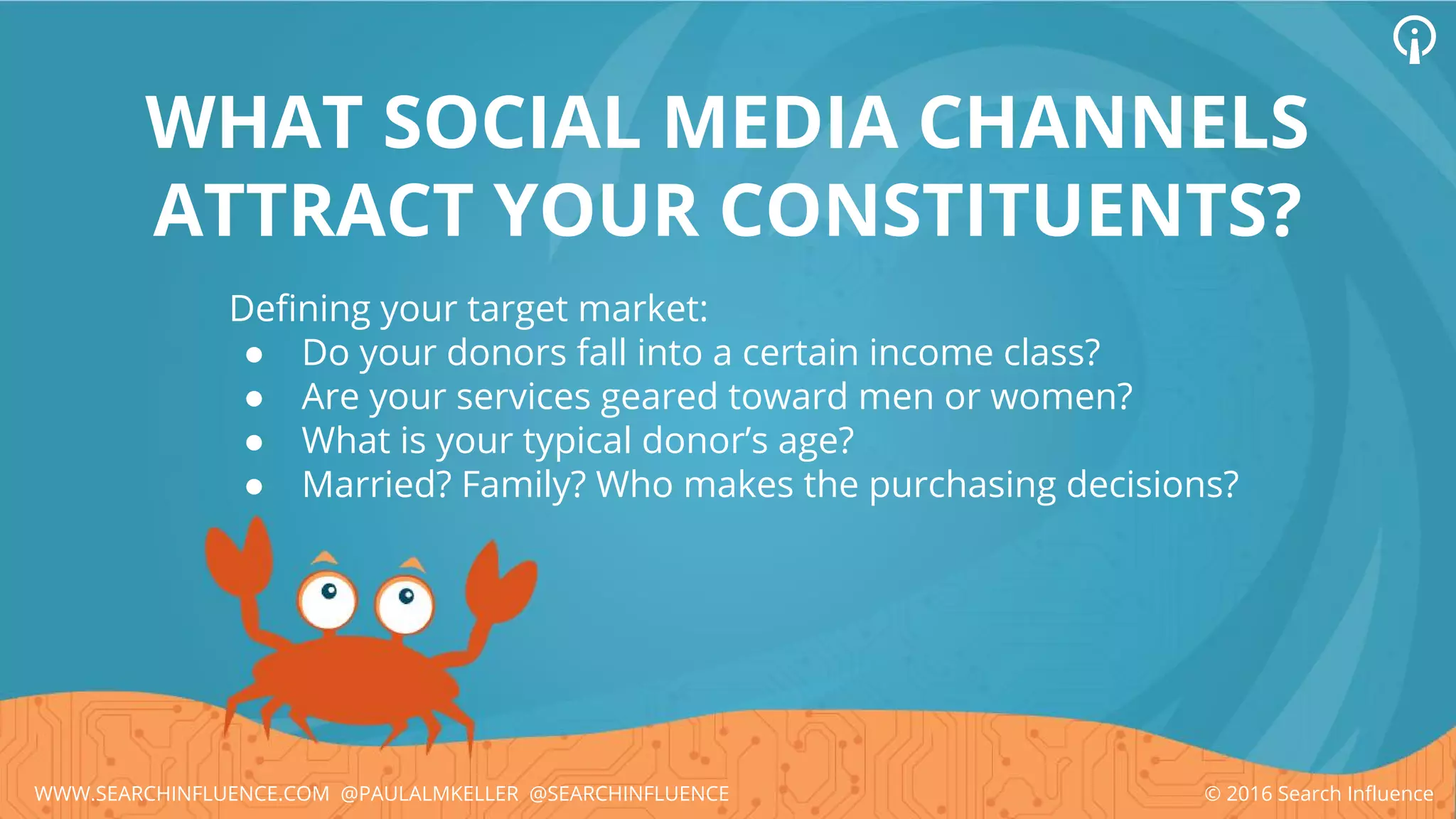 WHAT SOCIAL MEDIA CHANNELS
ATTRACT YOUR CONSTITUENTS?
Defining your target market:
● Do your donors fall into a certain income class?
● Are your services geared toward men or women?
● What is your typical donor’s age?
● Married? Family? Who makes the purchasing decisions?
© 2016 Search InfluenceWWW.SEARCHINFLUENCE.COM @PAULALMKELLER @SEARCHINFLUENCE
 