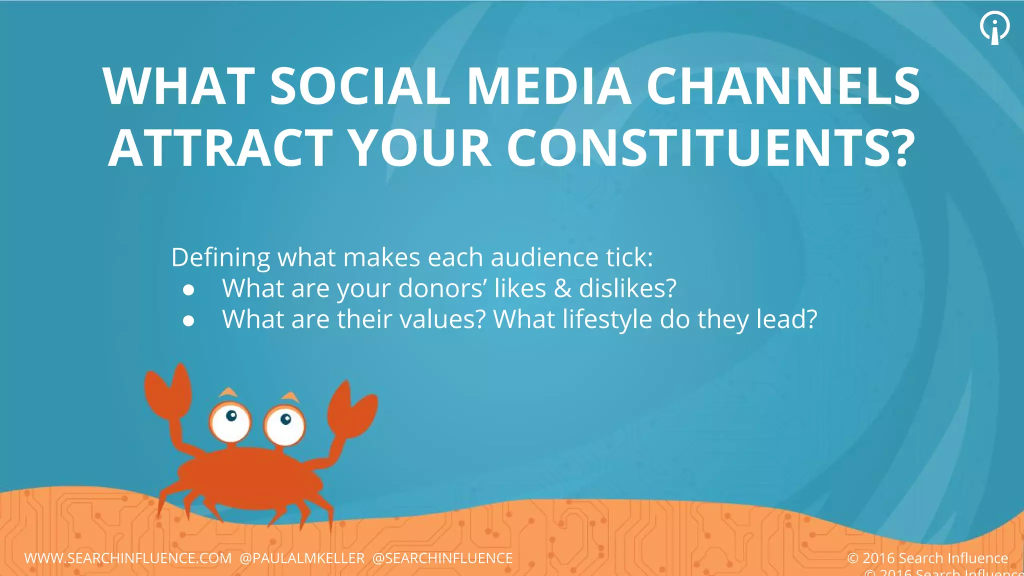 Defining what makes each audience tick:
● What are your donors’ likes & dislikes?
● What are their values? What lifestyle do they lead?
WHAT SOCIAL MEDIA CHANNELS
ATTRACT YOUR CONSTITUENTS?
© 2016 Search InfluenceWWW.SEARCHINFLUENCE.COM @PAULALMKELLER @SEARCHINFLUENCE
 