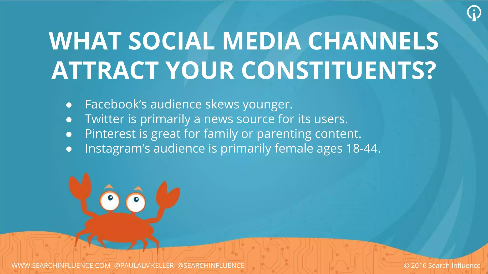 ● Facebook’s audience skews younger.
● Twitter is primarily a news source for its users.
● Pinterest is great for family or parenting content.
● Instagram’s audience is primarily female ages 18-44.
WHAT SOCIAL MEDIA CHANNELS
ATTRACT YOUR CONSTITUENTS?
© 2016 Search InfluenceWWW.SEARCHINFLUENCE.COM @PAULALMKELLER @SEARCHINFLUENCE
 
