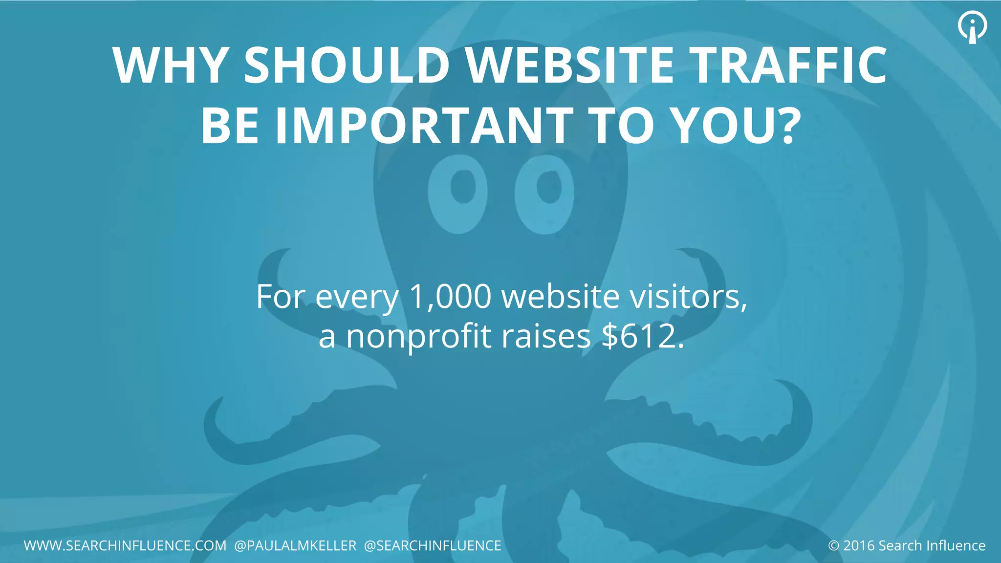 For every 1,000 website visitors,
a nonprofit raises $612.
WHY SHOULD WEBSITE TRAFFIC
BE IMPORTANT TO YOU?
© 2016 Search InfluenceWWW.SEARCHINFLUENCE.COM @PAULALMKELLER @SEARCHINFLUENCE
 