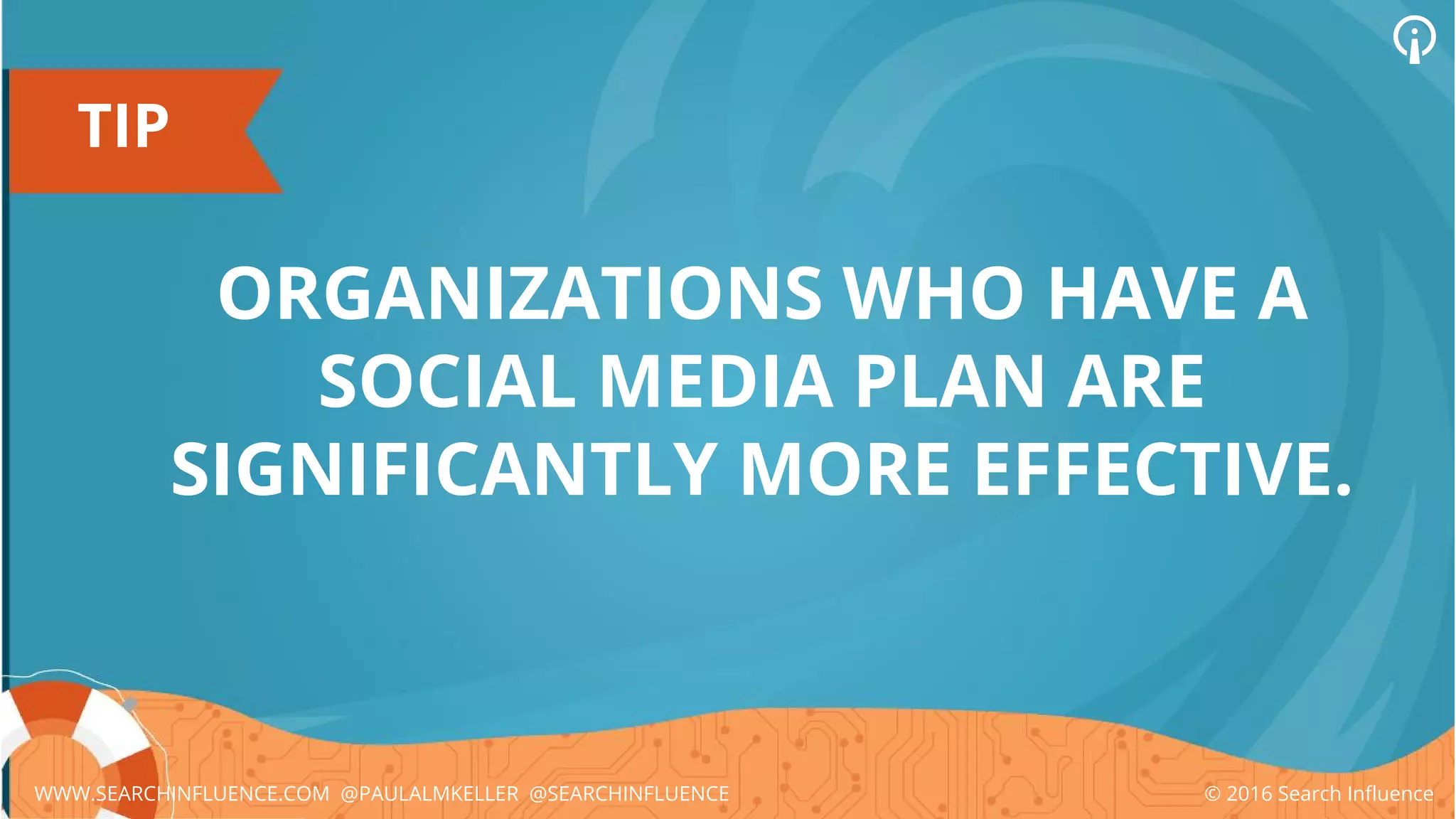 TIP
ORGANIZATIONS WHO HAVE A
SOCIAL MEDIA PLAN ARE
SIGNIFICANTLY MORE EFFECTIVE.
© 2016 Search InfluenceWWW.SEARCHINFLUENCE.COM @PAULALMKELLER @SEARCHINFLUENCE
 