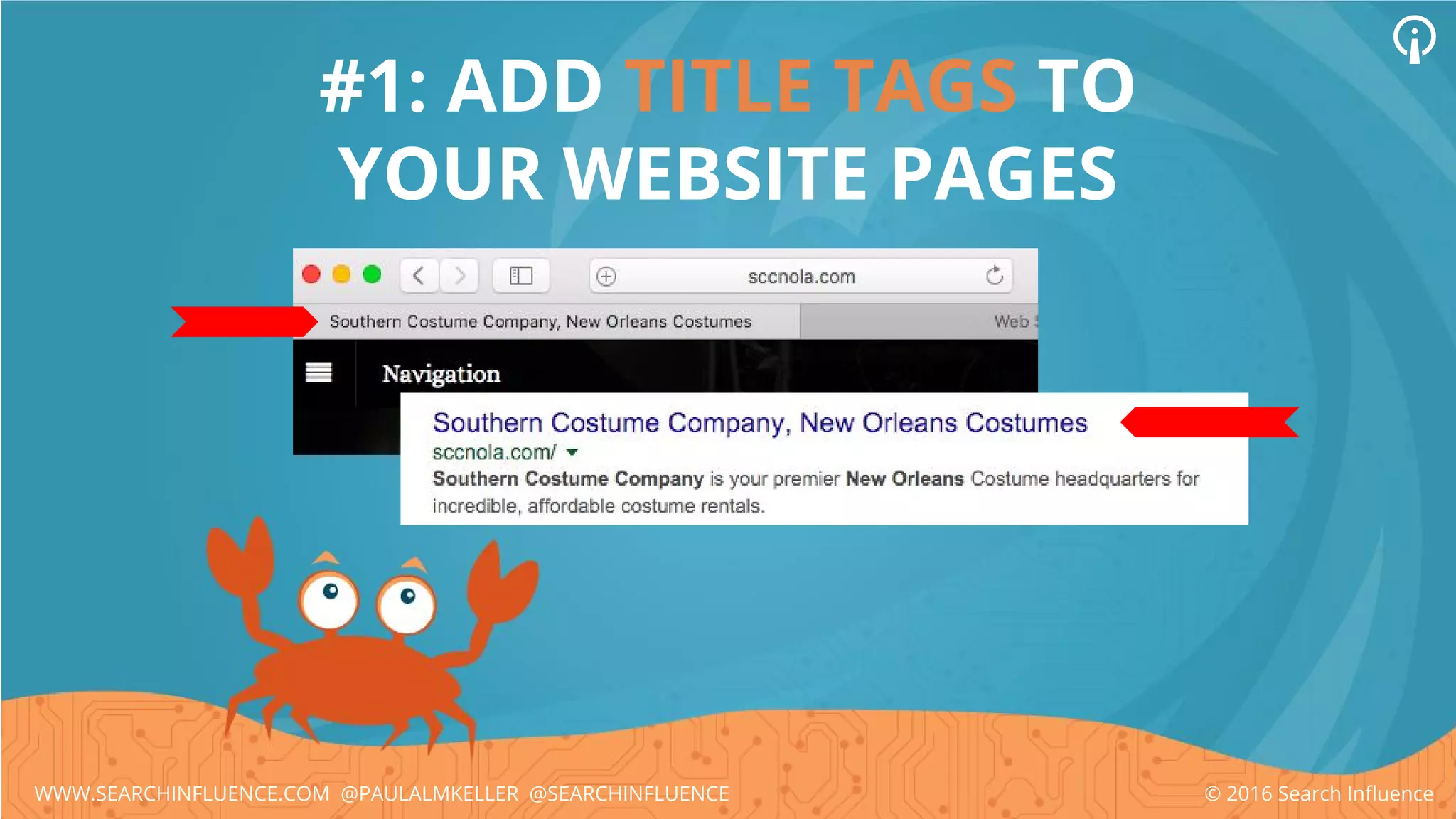 #1: ADD TITLE TAGS TO
YOUR WEBSITE PAGES
© 2016 Search InfluenceWWW.SEARCHINFLUENCE.COM @PAULALMKELLER @SEARCHINFLUENCE
 