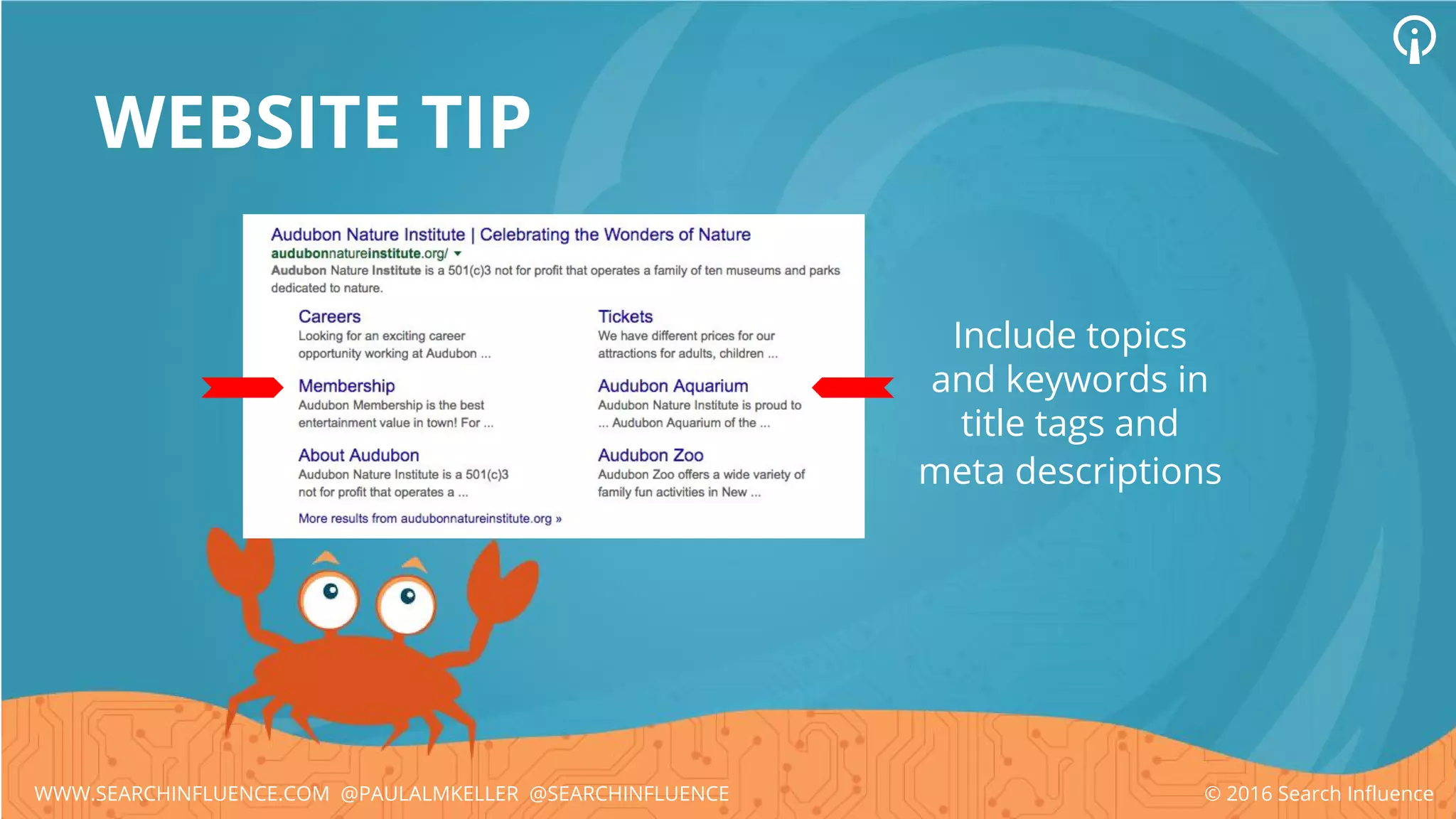WEBSITE TIP
Include topics
and keywords in
title tags and
meta descriptions
© 2016 Search InfluenceWWW.SEARCHINFLUENCE.COM @PAULALMKELLER @SEARCHINFLUENCE
 