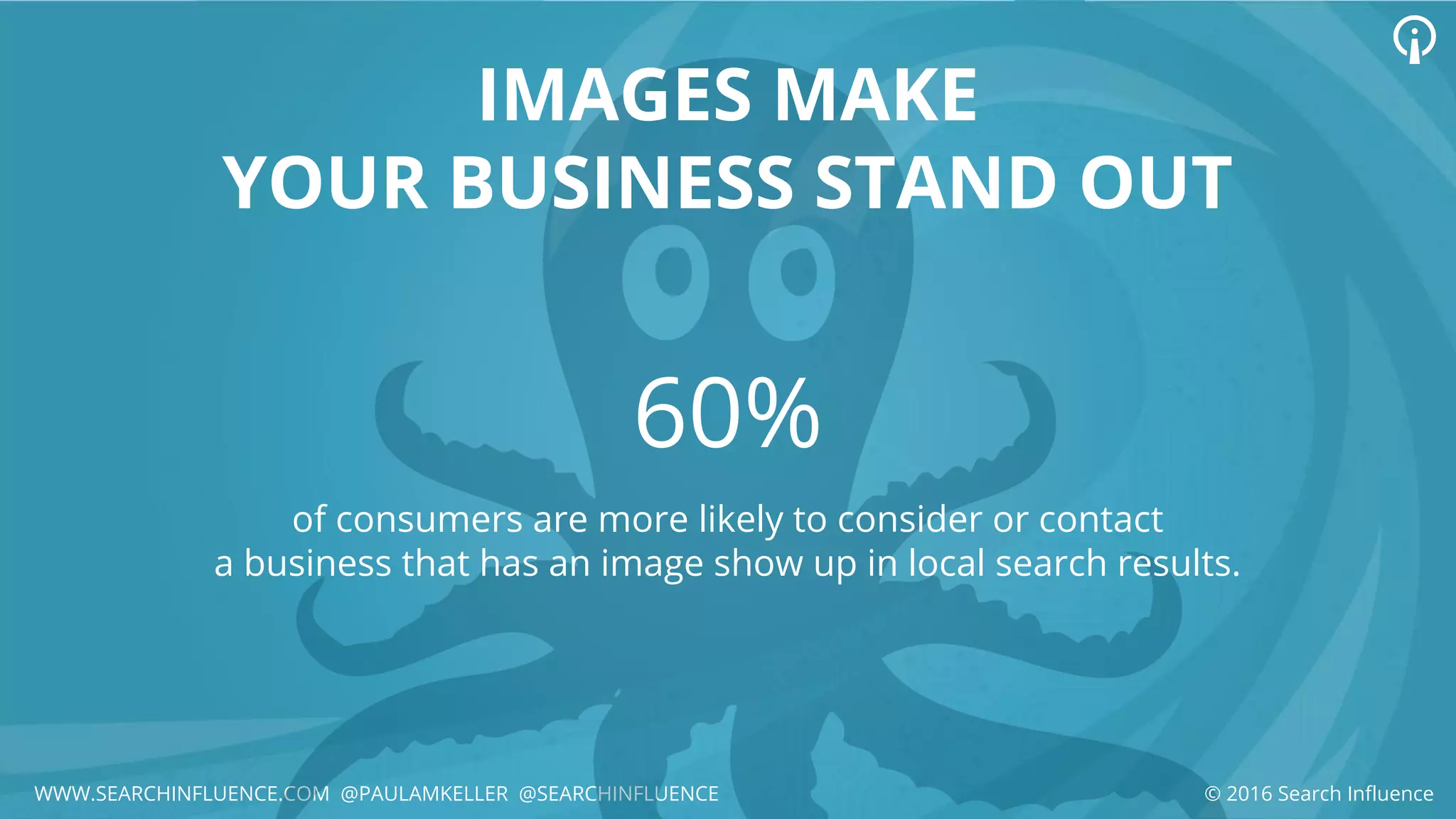 WWW.SEARCHINFLUENCE.COM @PAULAMKELLER @SEARCHINFLUENCE
60%
of consumers are more likely to consider or contact
a business that has an image show up in local search results.
IMAGES MAKE
YOUR BUSINESS STAND OUT
© 2016 Search Influence
 