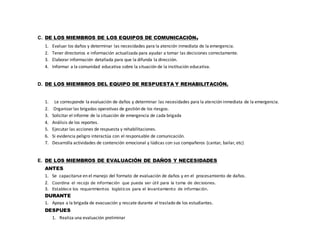 C. DE LOS MIEMBROS DE LOS EQUIPOS DE COMUNICACIÓN.
1. Evaluar los daños y determinar las necesidades para la atención inmediata de la emergencia.
2. Tener directorios e información actualizada para ayudar a tomar las decisiones correctamente.
3. Elaborar información detallada para que la difunda la dirección.
4. Informar a la comunidad educativa sobre la situación de la institución educativa.
D. DE LOS MIEMBROS DEL EQUIPO DE RESPUESTA Y REHABILITACIÓN.
1. Le corresponde la evaluación de daños y determinar las necesidades para la atención inmediata de la emergencia.
2. Organizarlas brigadas operativas de gestión de los riesgos.
3. Solicitar el informe de la situación de emergencia de cada brigada
4. Análisis de los reportes.
5. Ejecutar las acciones de respuesta y rehabilitaciones.
6. Si evidencia peligro interactúa con el responsable de comunicación.
7. Desarrolla actividades de contención emocional y lúdicas con sus compañeros (cantar, bailar, etc)
E. DE LOS MIEMBROS DE EVALUACIÓN DE DAÑOS Y NECESIDADES
ANTES
1. Se capacitarse en el manejo del formato de evaluación de daños y en el procesamiento de daños.
2. Coordina el recojo de información que pueda ser útil para la toma de decisiones.
3. Establece los requerimientos logísticos para el levantamiento de información.
DURANTE
1. Apoya a la brigada de evacuación y rescate durante el traslado de los estudiantes.
DESPUES
1. Realiza una evaluación preliminar
 