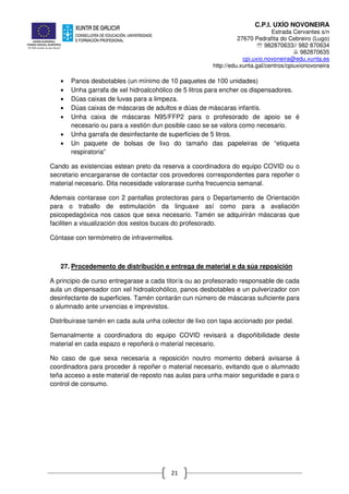 C.P.I. UXÍO NOVONEIRA
Estrada Cervantes s/n
27670 Pedrafita do Cebreiro (Lugo)
℡ 982870633// 982 870634
982870635
cpi.uxio.novoneira@edu.xunta.es
http://edu.xunta.gal/centros/cpiuxionovoneira
21
• Panos desbotables (un mínimo de 10 paquetes de 100 unidades)
• Unha garrafa de xel hidroalcohólico de 5 litros para encher os dispensadores.
• Dúas caixas de luvas para a limpeza.
• Dúas caixas de máscaras de adultos e dúas de máscaras infantís.
• Unha caixa de máscaras N95/FFP2 para o profesorado de apoio se é
necesario ou para a xestión dun posible caso se se valora como necesario.
• Unha garrafa de desinfectante de superficies de 5 litros.
• Un paquete de bolsas de lixo do tamaño das papeleiras de “etiqueta
respiratoria”
Cando as existencias estean preto da reserva a coordinadora do equipo COVID ou o
secretario encargaranse de contactar cos provedores correspondentes para repoñer o
material necesario. Dita necesidade valorarase cunha frecuencia semanal.
Ademais contarase con 2 pantallas protectoras para o Departamento de Orientación
para o traballo de estimulación da linguaxe así como para a avaliación
psicopedagóxica nos casos que sexa necesario. Tamén se adquirirán máscaras que
faciliten a visualización dos xestos bucais do profesorado.
Cóntase con termómetro de infravermellos.
27. Procedemento de distribución e entrega de material e da súa reposición
A principio de curso entregarase a cada titor/a ou ao profesorado responsable de cada
aula un dispensador con xel hidroalcohólico, panos desbotables e un pulverizador con
desinfectante de superficies. Tamén contarán cun número de máscaras suficiente para
o alumnado ante urxencias e imprevistos.
Distribuirase tamén en cada aula unha colector de lixo con tapa accionado por pedal.
Semanalmente a coordinadora do equipo COVID revisará a dispoñibilidade deste
material en cada espazo e repoñerá o material necesario.
No caso de que sexa necesaria a reposición noutro momento deberá avisarse á
coordinadora para proceder á repoñer o material necesario, evitando que o alumnado
teña acceso a este material de reposto nas aulas para unha maior seguridade e para o
control de consumo.
 