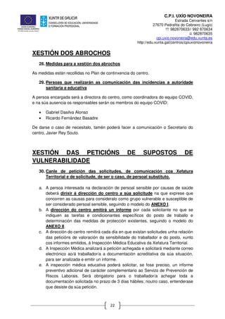 C.P.I. UXÍO NOVONEIRA
Estrada Cervantes s/n
27670 Pedrafita do Cebreiro (Lugo)
℡ 982870633// 982 870634
982870635
cpi.uxio.novoneira@edu.xunta.es
http://edu.xunta.gal/centros/cpiuxionovoneira
22
XESTIÓN DOS ABROCHOS
28. Medidas para a xestión dos abrochos
As medidas están recollidas no Plan de continxencia do centro.
29. Persoas que realizarán as comunicación das incidencias a autoridade
sanitaria e educativa
A persoa encargada será a directora do centro, como coordinadora do equipo COVID,
e na súa ausencia os responsables serán os membros do equipo COVID:
• Gabriel Dasilva Alonso
• Ricardo Fernández Basadre
De darse o caso de necesitalo, tamén poderá facer a comunicación o Secretario do
centro, Javier Rey Souto.
XESTIÓN DAS PETICIÓNS DE SUPOSTOS DE
VULNERABILIDADE
30. Canle de petición das solicitudes, de comunicación coa Xefatura
Territorial e de solicitude, de ser o caso, de persoal substituto.
a. A persoa interesada na declaración de persoal sensible por causas de saúde
deberá dirixir á dirección do centro a súa solicitude na que exprese que
concorren as causas para consideralo como grupo vulnerable e susceptible de
ser considerado persoal sensible, seguindo o modelo do ANEXO I.
b. A dirección do centro emitirá un informe por cada solicitante no que se
indiquen as tarefas e condicionantes específicos do posto de traballo e
determinación das medidas de protección existentes, seguindo o modelo do
ANEXO II.
c. A dirección do centro remitirá cada día en que existan solicitudes unha relación
das peticións de valoración da sensibilidade do traballador e do posto, xunto
cos informes emitidos, á Inspección Médica Educativa da Xefatura Territorial.
d. A Inspección Médica analizará a petición achegada e solicitará mediante correo
electrónico ao/á traballador/a a documentación acreditativa da súa situación,
para ser analizada e emitir un informe.
e. A inspección médica educativa poderá solicitar, se fose preciso, un informe
preventivo adicional de carácter complementario ao Servizo de Prevención de
Riscos Laborais. Será obrigatorio para o traballador/a achegar toda a
documentación solicitada no prazo de 3 días hábiles; noutro caso, entenderase
que desiste da súa petición.
 