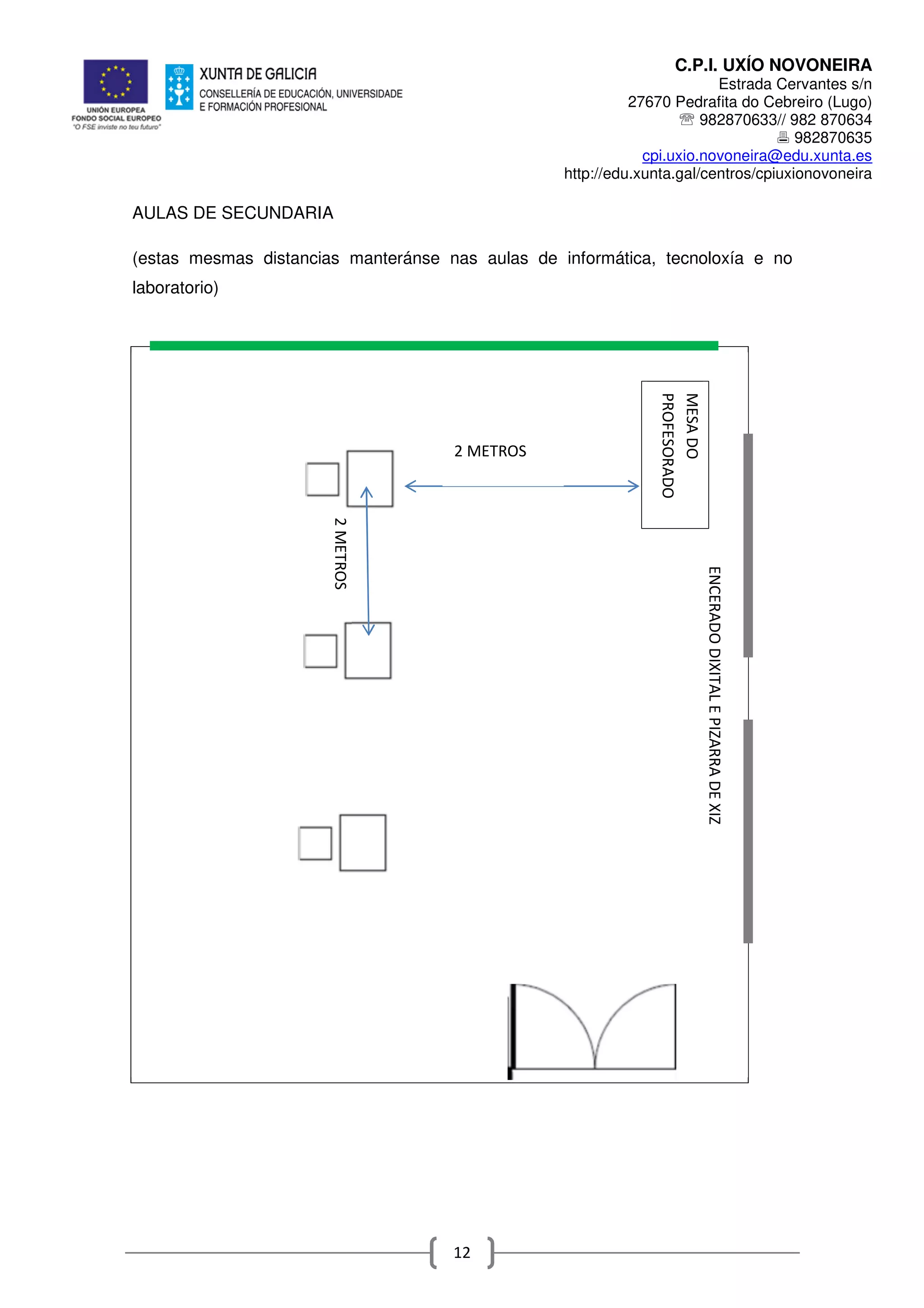 C.P.I. UXÍO NOVONEIRA
Estrada Cervantes s/n
27670 Pedrafita do Cebreiro (Lugo)
℡ 982870633// 982 870634
982870635
cpi.uxio.novoneira@edu.xunta.es
http://edu.xunta.gal/centros/cpiuxionovoneira
12
AULAS DE SECUNDARIA
(estas mesmas distancias manteránse nas aulas de informática, tecnoloxía e no
laboratorio)
ENCERADODIXITALEPIZARRADEXIZ
MESADO
PROFESORADO
2 METROS
2METROS
 