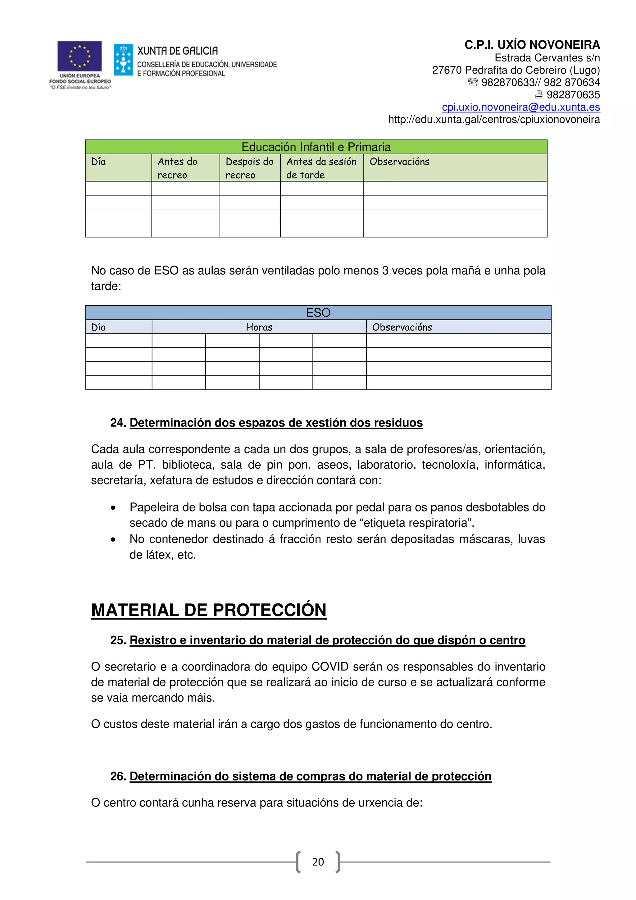 C.P.I. UXÍO NOVONEIRA
Estrada Cervantes s/n
27670 Pedrafita do Cebreiro (Lugo)
℡ 982870633// 982 870634
982870635
cpi.uxio.novoneira@edu.xunta.es
http://edu.xunta.gal/centros/cpiuxionovoneira
20
Educación Infantil e Primaria
Día Antes do
recreo
Despois do
recreo
Antes da sesión
de tarde
Observacións
No caso de ESO as aulas serán ventiladas polo menos 3 veces pola mañá e unha pola
tarde:
ESO
Día Horas Observacións
24. Determinación dos espazos de xestión dos residuos
Cada aula correspondente a cada un dos grupos, a sala de profesores/as, orientación,
aula de PT, biblioteca, sala de pin pon, aseos, laboratorio, tecnoloxía, informática,
secretaría, xefatura de estudos e dirección contará con:
• Papeleira de bolsa con tapa accionada por pedal para os panos desbotables do
secado de mans ou para o cumprimento de “etiqueta respiratoria”.
• No contenedor destinado á fracción resto serán depositadas máscaras, luvas
de látex, etc.
MATERIAL DE PROTECCIÓN
25. Rexistro e inventario do material de protección do que dispón o centro
O secretario e a coordinadora do equipo COVID serán os responsables do inventario
de material de protección que se realizará ao inicio de curso e se actualizará conforme
se vaia mercando máis.
O custos deste material irán a cargo dos gastos de funcionamento do centro.
26. Determinación do sistema de compras do material de protección
O centro contará cunha reserva para situacións de urxencia de:
 