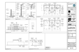 A4-1
C
STORAGE
DUMPSTER
DUMPSTER
A4-1
A
A4-1
B
A4-1
C
TOP OF SLAB
+ 0'-0" (GND. FLR.)
TOP OF BOND BM.
+ 6'-0"
+ 10'-0" (HIGH END)
ROOF DECK BRG.
TOP OF SLAB
+ 0'-0" (GND. FLR.)
TOP OF BOND BM.
+ 6'-0"
ROOF DECK BRG.
+ 9'-4" (LOW END)
A4-1
B
TOP OF SLAB
+ 0'-0" (GND. FLR.)
TOP OF BOND BM.
+ 6'-0"
ROOF DECK BRG.
+ 9'-4" (LOW END)
ROOF DECK BRG.
+ 10'-0" (HIGH END)
A4-1
A
Principal in Charge:
Sheet Title:
Rev: Date: Description: By:
Date:
Drawn By:
Project No:
Sheet Number:
Project Manager:
Prepared for:
Project Name:
Consultants:
Seal:
Site Map:
Project Phase:
Scale:
1 FLOOR PLAN
SCALE : 1/4" = 1'-0"
3 FRONT ELEVATION
SCALE : 1/4" = 1'-0"
4 REAR ELEVATION
SCALE : 1/4" = 1'-0" 5 RIGHT SIDE ELEVATION (LEFT SIM.)
SCALE : 1/4" = 1'-0"
2 FOUNDATION PLAN
SCALE : 1/4" = 1'-0"
A WALL SECTION
SCALE : 1/2" = 1'-0" B WALL SECTION
SCALE : 1/2" = 1'-0" C WALL SECTION
SCALE : 1/2" = 1'-0"
6 UTILITIES PLAN
SCALE : 1/4" = 1'-0"
D ROOF DESIGN PRESSURE
NO SCALE
 