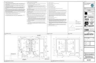 INDICATES EXISTING INTERIOR
PARTITION TO REMAIN
INDICATES EXISTING INTERIOR
PARTITION TO BE REMOVED
LEGEND:
INDICATES EXISTING DOOR TO REMAIN
HATCH DENOTES EXISTING TO REMAIN
NO WORK IN THIS AREA
7. TOUCH-UP REMAINING STRUCTURES TO MATCH EXISTING CONDITIONS.
1. THE CONSTRUCTION SHALL INCLUDE THE FURNISHING OF ALL MATERIALS, EXTENSIONS, CONNECTIONS, CUTTING,
PATCHING, PAINTING, REPAIRING, ADAPTING AND OTHER WORK, INCIDENTAL TO, AND TOGETHER WITH SUCH
TEMPORARY CONNECTIONS AS MAY BE REQUIRED. THE CONSTRUCTION SHALL ALSO INCLUDE THE REMOVAL OF
MATERIALS AS DIRECTED.
2. ANY WORK NOT SHOWN ON THE DRAWING OR SPECIFICALLY MENTIONED IN THE SPECIFICATIONS, BUT
CONSIDERED NECESSARY FOR THE COMPLETION OF THE WORK IN PROPER MANNER SHALL BE PROVIDED BY THIS
CONTRACTOR WITHOUT ADDITIONAL CHARGE.
3. WHERE PRESENT WORK IS DAMAGED IN THE EXECUTION OF THIS CONTRACT, OR WHERE OPENINGS ARE LEFT
DUE TO THE REMOVAL OF PIPES, EQUIPMENT OR APPARATUS, THE SAME SHALL BE REPAIRED OR CLOSED UP TO
CORRESPOND IN MATERIAL, QUALITY, SHAPE, AND FINISH WITH THAT OF SIMILAR AND ADJOINING WORK,
UNLESS OTHERWISE CALLED FOR. WHERE DAMAGE IS NOT REPAIRABLE, NEW ITEMS OR EQUIPMENT SHALL BE
PROVIDED.
4. INTERRUPTION OF EXISTING FACILITIES OR SERVICES SHALL BE KEPT TO A MINIMUM AND THE CONTRACTOR
SHALL FURNISH ALL MATERIALS REQUIRED WHENEVER TEMPORARY CONNECTIONS ARE NECESSARY TO MAINTAIN
CONTINUITY OF SERVICE. INTERRUPTION OF EXISTING SERVICES, THE INSTALLATION OF TEMPORARY FACILITIES,
AND THE WORK OF MAKING FINAL CONNECTIONS TO THE NETWORK SHALL BE DONE ONLY AT SUCH TIMES AS
PERMITTED AND SCHEDULED BY THE OWNER WITHOUT ADDITIONAL COST. CARE MUST BE USED IN RESOLVING
SERVICES TO AREAS BEING DEMOLISHED SO THAT SERVICES TO OTHER AREAS WHICH MIGHT BE SERVED THROUGH
THESE AREAS WILL NOT BE INTERRUPTED.
5. ANY AND ALL WORK SHALL BE PERFORMED DURING NORMAL BUSINESS HOURS AS STIPULATED BY THE OWNER,
LANDLORD, AND THE MUNICIPALITY IN WHICH THE PROJECT IS LOCATED.
6. ALL DEBRIS SHALL BE DISPOSED OF AS PER ALL APPLICABLE CODES AND/OR LAWS.
8. ALL WORK SHALL BE PERFORMED TO MEET AND COMPLY WITH A.D.A. STANDARDS AND FLORIDA ACCESSIBILITY
CODE FOR BUILDING CONSTRUCTION, CHAPTER 11, PART A OF THE 2010 FLORIDA BUILDING CODE.
ALTERATION PROJECT PROCEDURES:
GENERAL DEMOLITION NOTES:
11.)
A.)
10.)
9.)
A.)
8.)
7.)
6.)
5.)
4.)
3.)
2.)
D.)
C.)
B.)
A.)
1.)
ALTERATION PROJECT PROCEDURES:
CUT, MOVE OR REMOVE ITEMS AS NECESSARY TO PROVIDE ACCESS OR TO ALLOW ALTERATIONS AND NEW
WORK TO PROCEED. INCLUDE SUCH ITEMS AS:
REPAIR OR REMOVAL OF HAZARDOUS OR UNSANITARY CONDITIONS.
REMOVAL OF ABANDONED ITEMS AND ITEMS SERVING NO USEFUL PURPOSE, SUCH AS ABANDONED
PIPING, CONDUIT AND WIRING.
REMOVAL OF UNSUITABLE OR EXTRANEOUS MATERIALS NOT MARKED FOR SALVAGE, SUCH AS
ABANDONED FURNISHINGS AND EQUIPMENT, AND DEBRIS SUCH AS ROTTED WOOD, RUSTED METAL AND
DETERIORATED CONCRETE.
CLEANING OF SURFACES, AND REMOVAL OF SURFACE FINISHES AS NEEDED TO INSTALL NEW WORK
AND FINISHES.
WHEN ALTERATIONS AND CONNECTIONS OF NEW CONSTRUCTION TO EXISTING CONSTRUCTION OCCUR AT DUST
SENSITIVE AREAS, EXECUTE ALL MEASURES TO COMPLETELY CONTROL AND SEPERATE DUST FROM EXISTING
AREAS, EQUIPMENT AND FURNISHINGS.
ASSIGN THE WORK OF MOVING, REMOVAL, CUTTING AND PATCHING, TO TRADES QUALIFIED TO PERFORM THE
WORK IN A MANNER TO CAUSE LEAST DAMAGE TO EACH TYPE OF WORK, AND PROVIDE MEANS OF RETURNING
TO APPEARANCE OF NEW WORK.
PERFORM CUTTING AND REMOVAL WORK TO REMOVE MINIMUM NECESSARY AND IN A MANNER TO AVOID
DAMAGE TO ADJACENT WORK.
CUT FINISH SURFACES SUCH AS MASONRY, GYPSUM WALLBOARD, STUCCO, WALL COVERING, TILE, PLASTER OR
METALS, BY METHODS TO TEMINATE SURFACES ON A STRAIGHT LINE AT A NATURAL POINT OF DIVISION.
PROTECT FROM DAMAGE EXISTING FINISHES, EQUIPMENT, AND ADJACENT WORK WHICH IS SCHEDULED TO
REMAIN.
REROUTE OR EXTEND EXISTING ELECTRICAL, PLUMBING OR AIR CONDITIONING LINES IN AREAS WHERE
DEMOLITION IS TO OCCUR. (REFER TO ELECTRICAL, PLUMBING AND MECHANICAL DRAWINGS).
PROVIDE SAME PRODUCTS OR TYPES OF CONSTRUCTION AS THAT IN EXISTING STRUCTURE, AS NEEDED TO
PATCH, EXTEND OR TO MATCH EXISTING WORK.
CONTRACT DOCUMENTS WILL NOT DEFINE PRODUCTS OR STANDARDS OF WORKMANSHIP PRESENT IN
EXISTING CONSTRUCTION; CONTRACTOR SHALL DETERMINE PRODUCTS BY INSPECTION AND ANY
NECESSARY TESTING, AND WORKMANSHIP BY USE OF THE EXISTING AS A SAMPLE OF COMPARISON.
PATCH AND EXTEND EXISTING WORK USING SKILLED MECHANICS WHO ARE CAPABLE OF MATCHING
EXISTING QUALITY OF WORKMANSHIP. QUALITY OF PATCHED OR EXTENDED WORK SHALL BE NOT LESS
THAN THAT SPECIFIED FOR NEW WORK.
WHERE PARTITIONS ARE REMOVED, PATCH FLOORS, WALLS AND CEILING, WITH FINISH MATERIALS TO
MATCH EXISTING.
WHERE REMOVAL OF PARTITIONS RESULT IN ADJACENT SPACE BECOMING ONE, REWORK FLOORS,
WALLS, AND CEILINGS TO PROVIDE SMOOTH PLANES WITHOUT BREAKS, STEPS, OR BULKHEADS.
WHERE NEW WORK ABUTS EXISTING FINISHES FINISH FLUSH WITH EXISTING WORK, MAKING A SMOOTH AND
FLAWLESS TRANSITION.
1
2
3
4
5
6
7
8
9
10
11
12
13
14
REMOVE EXISTING TOILETS
REMOVE EXISTING TOILETS PARTITIONS & ACCESSORIES
REMOVE EXISTING SINKS
REMOVE EXISTING JANITOR SINK
REMOVE EXISTING URINALS
REMOVE EXISTING DRINKING FOUNTAIN
REMOVE EXISTING LIGHTS FIXTURES
REMOVE EXISTING DOOR, FRAME AND ASSOCIATED COMPONENTS COMPLETELY
REMOVE EXISTING CMU BLOCK WALLS
REMOVE EXISTING FIRE EXTINGUISHER CABINET. PATCH, REPAIR, REFINISH REMAINING SURFACES AND
PREPARE TO RECEIVE NEW FINISHES. STORE AND PROTECT DURING CONSTRUCTION FOR REUSE.
EXISTING DOOR AND FRAME TO BE REMOVED IF NECESSARY TO CHANGE SWING DIRECTION. MODIFY OR
PROVIDE NEW HINGES AS NECESSARY.
REMOVE EXISTING FLOORING AND BASE TO THE EXTENT REQUIRED TO INSTALL NEW FLOORING AND
BASE PER FINISH SCHEDULE PATCH AND PREPARE REMAINING SLAB TO RECEIVE NEW FLOORING.
EXISTING CEILING TILE, GRID AND LIGHT FIXTURES TO BE REMOVED. INCLUSIVE OF ASSOCIATED
CONDUITS, WIRE, HANGERS, ETC. TO SOURCE, UNLESS SLATED FOR REUSE OR RELOCATION..
REMOVE EXISTING WALL AND ASSOCIATED COMPONENTS COMPLETELY. PATCH, REPAIR, REFINISH
REMAINING SURFACES AND PREPARE TO RECEIVE NEW FINISHES. REMOVE ASSOCIATED UTILITIES,
CONDUITS, ETC. TO SOURCE.
REMOVE EXISTING GRAB BAR
REMOVE EXISTING CONCRETE LOUVER UNITS
REMOVE EXISTING GLASS BLOCK
REMOVE PORTION OF EXISTING WALL AND ASSOCIATED COMPONENTS FROM UNDERSIDE OF EXISTING
BEAM TO FLOOR TO CREATE THE FINISHED OPENING AS ILLUSTRATED IN THE ELEVATIONS. THIS MAY
INCLUDE ADDITIONAL WALL MATERIAL FOR NEW STRUCTURAL COMPONENTS (SEE STRUCT. DWG'S.).
PREPARE REMAINING SURFACES FOR NEW CONCRETE EDGES, AND DOOR OR LOUVER COMPONENTS.
REMOVE ASSOCIATED UTILITIES, CONDUITS, ETC. TO SOURCE. SHORE AS REQUIRED.
REMOVE PORTION OF EXISTING WALL AND ASSOCIATED COMPONENTS TO CREATE THE FINISHED
OPENING AS ILLUSTRATED IN THE ELEVATIONS. THIS MAY INCLUDE ADDITIONAL WALL MATERIAL FOR NEW
STRUCTURAL COMPONENTS (SEE STRUCTURAL DWG'S.). PREPARE REMAINING SURFACES FOR NEW
CONCRETE EDGES, AND DOOR OR LOUVER COMPONENTS. REMOVE ASSOCIATED UTILITIES, CONDUITS,
ETC. TO SOURCE.
REMOVE EXISTING OVERHEAD ROLL-UP COILING DOOR AND ALL ASSOCIATED COVERS, TRACKS,
HARDWARE, ETC. PATCH, REPAIR, REFINISH REMAINING SURFACES AND PREPARE TO RECEIVE NEW
FINISHES OR REPLACEMENT UNIT.
EXISTING EXTERIOR SHOWER TO BE REPLACED.
15
16
17
18
19
20
21
1 DEMOLITION FLOOR PLAN
SCALE : 1/4" = 1'-0" 2 DEMOLITION REFLECTED CEILING PLAN
SCALE : 1/4" = 1'-0"
3 GENERAL NOTES
5 LEGEND
4 KEY NOTES
Principal in Charge:
Sheet Title:
Rev: Date: Description: By:
Date:
Drawn By:
Project No:
Sheet Number:
Project Manager:
Prepared for:
Project Name:
Consultants:
Seal:
Site Map:
Project Phase:
Scale:
 