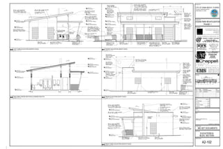 FINISH FLOOR
0'-0" A.F.F.
HIGH ROOF LOW BEARING
12'-0" A.F.F.
NEW LOW ROOF BEARING
11'-0" A.F.F.
HIGH ROOF HIGH BEARING
16'-4" A.F.F.
TOP OF PYLON
20'-0" A.F.F.
TOP OF PARAPET
14'-8" A.F.F.
TOP OF EXIST. TIEBEAM
LOUVER HEAD HGT.
8'-0" A.F.F.
TOP OF EXIST. TIEBEAM
12'-0" A.F.F.
FINISH FLOOR
0'-0" A.F.F.
NEW LOW ROOF BEARING
11'-0" A.F.F.
HIGH ROOF BEARING
16'-4" A.F.F.
TOP OF PYLON
20'-0" A.F.F.
WINDOW HEAD HGT.
15'-0" A.F.F.
LOUVER HEAD HGT.
8'-0" A.F.F.
TOP OF EXIST. TIEBEAM
12'-0" A.F.F.
FINISH FLOOR
0'-0" A.F.F.
HIGH ROOF LOW BEARING
12'-0" A.F.F.
NEW LOW ROOF BEARING
11'-0" A.F.F.
HIGH ROOF HIGH BEARING
16'-4" A.F.F.
TOP OF PYLON
20'-0" A.F.F.
LOUVER HEAD HGT.
8'-0" A.F.F.
TOP OF EXIST. TIEBEAM
TOP OF EXIST. TIEBEAM
12'-0" A.F.F.
FINISH FLOOR
0'-0" A.F.F.
HIGH ROOF HIGH BEARING
16'-4" A.F.F.
TOP OF PYLON
20'-0" A.F.F.
LOUVER HEAD HGT.
8'-0" A.F.F.
HIGH ROOF LOW BEARING
12'-0" A.F.F.
TOP OF NEW TIEBEAM
WINDOW HEAD HGT.
15'-0" A.F.F.
NEW LOW ROOF BEARING
11'-0" A.F.F.
FINISH FLOOR
0'-0" A.F.F.
HIGH ROOF LOW BEARING
12'-0" A.F.F.
TOP OF PYLON
20'-0" A.F.F.
LOUVER HEAD HGT.
8'-0" A.F.F.
TOP OF PARAPET
14'-8" A.F.F.
TOP OF EXIST. TIEBEAM
A1 FRONT ELEVATION (WEST FACE)
SCALE : 1/4" = 1'-0"A4 LEFT SIDE ELEVATION (NORTH FACE)
SCALE : 1/4" = 1'-0"
MANUEL SYNALOVSKI, AIA
AR 0011628
LICENSE NO. AA26001863
A5 BUILDING CROSS SECTION (LOOKING SOUTH)
SCALE : 1/4" = 1'-0" A2 REAR ELEVATION (EAST FACE)
SCALE : 1/4" = 1'-0"
A3 RIGHT SIDE ELEVATION (SOUTH FACE)
SCALE : 1/4" = 1'-0"
Principal in Charge:
Sheet Title:
Rev: Date: Description: By:
Date:
Drawn By:
Project No:
Sheet Number:
Project Manager:
Prepared for:
Project Name:
Consultants:
Seal:
Site Map:
Project Phase:
Scale:
 