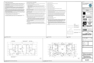 INDICATES EXISTING INTERIOR
PARTITION TO REMAIN
INDICATES EXISTING INTERIOR
PARTITION TO BE REMOVED
LEGEND:
INDICATES EXISTING DOOR TO REMAIN
HATCH DENOTES EXISTING TO REMAIN
NO WORK IN THIS AREA
7. TOUCH-UP REMAINING STRUCTURES TO MATCH EXISTING CONDITIONS.
1. THE CONSTRUCTION SHALL INCLUDE THE FURNISHING OF ALL MATERIALS, EXTENSIONS, CONNECTIONS, CUTTING,
PATCHING, PAINTING, REPAIRING, ADAPTING AND OTHER WORK, INCIDENTAL TO, AND TOGETHER WITH SUCH
TEMPORARY CONNECTIONS AS MAY BE REQUIRED. THE CONSTRUCTION SHALL ALSO INCLUDE THE REMOVAL OF
MATERIALS AS DIRECTED.
2. ANY WORK NOT SHOWN ON THE DRAWING OR SPECIFICALLY MENTIONED IN THE SPECIFICATIONS, BUT
CONSIDERED NECESSARY FOR THE COMPLETION OF THE WORK IN PROPER MANNER SHALL BE PROVIDED BY THIS
CONTRACTOR WITHOUT ADDITIONAL CHARGE.
3. WHERE PRESENT WORK IS DAMAGED IN THE EXECUTION OF THIS CONTRACT, OR WHERE OPENINGS ARE LEFT
DUE TO THE REMOVAL OF PIPES, EQUIPMENT OR APPARATUS, THE SAME SHALL BE REPAIRED OR CLOSED UP TO
CORRESPOND IN MATERIAL, QUALITY, SHAPE, AND FINISH WITH THAT OF SIMILAR AND ADJOINING WORK,
UNLESS OTHERWISE CALLED FOR. WHERE DAMAGE IS NOT REPAIRABLE, NEW ITEMS OR EQUIPMENT SHALL BE
PROVIDED.
4. INTERRUPTION OF EXISTING FACILITIES OR SERVICES SHALL BE KEPT TO A MINIMUM AND THE CONTRACTOR
SHALL FURNISH ALL MATERIALS REQUIRED WHENEVER TEMPORARY CONNECTIONS ARE NECESSARY TO MAINTAIN
CONTINUITY OF SERVICE. INTERRUPTION OF EXISTING SERVICES, THE INSTALLATION OF TEMPORARY FACILITIES,
AND THE WORK OF MAKING FINAL CONNECTIONS TO THE NETWORK SHALL BE DONE ONLY AT SUCH TIMES AS
PERMITTED AND SCHEDULED BY THE OWNER WITHOUT ADDITIONAL COST. CARE MUST BE USED IN RESOLVING
SERVICES TO AREAS BEING DEMOLISHED SO THAT SERVICES TO OTHER AREAS WHICH MIGHT BE SERVED THROUGH
THESE AREAS WILL NOT BE INTERRUPTED.
5. ANY AND ALL WORK SHALL BE PERFORMED DURING NORMAL BUSINESS HOURS AS STIPULATED BY THE OWNER,
LANDLORD, AND THE MUNICIPALITY IN WHICH THE PROJECT IS LOCATED.
6. ALL DEBRIS SHALL BE DISPOSED OF AS PER ALL APPLICABLE CODES AND/OR LAWS.
8. ALL WORK SHALL BE PERFORMED TO MEET AND COMPLY WITH A.D.A. STANDARDS AND FLORIDA ACCESSIBILITY
CODE FOR BUILDING CONSTRUCTION, CHAPTER 11, PART A OF THE 2010 FLORIDA BUILDING CODE.
ALTERATION PROJECT PROCEDURES:
GENERAL DEMOLITION NOTES:
11.)
A.)
10.)
9.)
A.)
8.)
7.)
6.)
5.)
4.)
3.)
2.)
D.)
C.)
B.)
A.)
1.)
ALTERATION PROJECT PROCEDURES:
CUT, MOVE OR REMOVE ITEMS AS NECESSARY TO PROVIDE ACCESS OR TO ALLOW ALTERATIONS AND NEW
WORK TO PROCEED. INCLUDE SUCH ITEMS AS:
REPAIR OR REMOVAL OF HAZARDOUS OR UNSANITARY CONDITIONS.
REMOVAL OF ABANDONED ITEMS AND ITEMS SERVING NO USEFUL PURPOSE, SUCH AS ABANDONED
PIPING, CONDUIT AND WIRING.
REMOVAL OF UNSUITABLE OR EXTRANEOUS MATERIALS NOT MARKED FOR SALVAGE, SUCH AS
ABANDONED FURNISHINGS AND EQUIPMENT, AND DEBRIS SUCH AS ROTTED WOOD, RUSTED METAL AND
DETERIORATED CONCRETE.
CLEANING OF SURFACES, AND REMOVAL OF SURFACE FINISHES AS NEEDED TO INSTALL NEW WORK
AND FINISHES.
WHEN ALTERATIONS AND CONNECTIONS OF NEW CONSTRUCTION TO EXISTING CONSTRUCTION OCCUR AT DUST
SENSITIVE AREAS, EXECUTE ALL MEASURES TO COMPLETELY CONTROL AND SEPERATE DUST FROM EXISTING
AREAS, EQUIPMENT AND FURNISHINGS.
ASSIGN THE WORK OF MOVING, REMOVAL, CUTTING AND PATCHING, TO TRADES QUALIFIED TO PERFORM THE
WORK IN A MANNER TO CAUSE LEAST DAMAGE TO EACH TYPE OF WORK, AND PROVIDE MEANS OF RETURNING
TO APPEARANCE OF NEW WORK.
PERFORM CUTTING AND REMOVAL WORK TO REMOVE MINIMUM NECESSARY AND IN A MANNER TO AVOID
DAMAGE TO ADJACENT WORK.
CUT FINISH SURFACES SUCH AS MASONRY, GYPSUM WALLBOARD, STUCCO, WALL COVERING, TILE, PLASTER OR
METALS, BY METHODS TO TEMINATE SURFACES ON A STRAIGHT LINE AT A NATURAL POINT OF DIVISION.
PROTECT FROM DAMAGE EXISTING FINISHES, EQUIPMENT, AND ADJACENT WORK WHICH IS SCHEDULED TO
REMAIN.
REROUTE OR EXTEND EXISTING ELECTRICAL, PLUMBING OR AIR CONDITIONING LINES IN AREAS WHERE
DEMOLITION IS TO OCCUR. (REFER TO ELECTRICAL, PLUMBING AND MECHANICAL DRAWINGS).
PROVIDE SAME PRODUCTS OR TYPES OF CONSTRUCTION AS THAT IN EXISTING STRUCTURE, AS NEEDED TO
PATCH, EXTEND OR TO MATCH EXISTING WORK.
CONTRACT DOCUMENTS WILL NOT DEFINE PRODUCTS OR STANDARDS OF WORKMANSHIP PRESENT IN
EXISTING CONSTRUCTION; CONTRACTOR SHALL DETERMINE PRODUCTS BY INSPECTION AND ANY
NECESSARY TESTING, AND WORKMANSHIP BY USE OF THE EXISTING AS A SAMPLE OF COMPARISON.
PATCH AND EXTEND EXISTING WORK USING SKILLED MECHANICS WHO ARE CAPABLE OF MATCHING
EXISTING QUALITY OF WORKMANSHIP. QUALITY OF PATCHED OR EXTENDED WORK SHALL BE NOT LESS
THAN THAT SPECIFIED FOR NEW WORK.
WHERE PARTITIONS ARE REMOVED, PATCH FLOORS, WALLS AND CEILING, WITH FINISH MATERIALS TO
MATCH EXISTING.
WHERE REMOVAL OF PARTITIONS RESULT IN ADJACENT SPACE BECOMING ONE, REWORK FLOORS,
WALLS, AND CEILINGS TO PROVIDE SMOOTH PLANES WITHOUT BREAKS, STEPS, OR BULKHEADS.
WHERE NEW WORK ABUTS EXISTING FINISHES FINISH FLUSH WITH EXISTING WORK, MAKING A SMOOTH AND
FLAWLESS TRANSITION.
1
2
3
4
5
6
7
8
9
10
11
12
13
14
REMOVE EXISTING TOILETS
REMOVE EXISTING TOILETS PARTITIONS & ACCESSORIES
REMOVE EXISTING SINKS
REMOVE EXISTING JANITOR SINK
REMOVE EXISTING URINALS
REMOVE EXISTING DRINKING FOUNTAIN
REMOVE EXISTING LIGHTS FIXTURES
REMOVE EXISTING DOOR, FRAME AND ASSOCIATED COMPONENTS COMPLETELY
REMOVE EXISTING CMU BLOCK WALLS
REMOVE EXISTING FIRE EXTINGUISHER CABINET. PATCH, REPAIR, REFINISH REMAINING SURFACES AND
PREPARE TO RECEIVE NEW FINISHES. STORE AND PROTECT DURING CONSTRUCTION FOR REUSE.
EXISTING DOOR AND FRAME TO BE REMOVED IF NECESSARY TO CHANGE SWING DIRECTION. MODIFY OR
PROVIDE NEW HINGES AS NECESSARY.
REMOVE EXISTING FLOORING AND BASE TO THE EXTENT REQUIRED TO INSTALL NEW FLOORING AND
BASE PER FINISH SCHEDULE PATCH AND PREPARE REMAINING SLAB TO RECEIVE NEW FLOORING.
EXISTING CEILING TILE, GRID AND LIGHT FIXTURES TO BE REMOVED. INCLUSIVE OF ASSOCIATED
CONDUITS, WIRE, HANGERS, ETC. TO SOURCE, UNLESS SLATED FOR REUSE OR RELOCATION..
REMOVE EXISTING WALL AND ASSOCIATED COMPONENTS COMPLETELY. PATCH, REPAIR, REFINISH
REMAINING SURFACES AND PREPARE TO RECEIVE NEW FINISHES. REMOVE ASSOCIATED UTILITIES,
CONDUITS, ETC. TO SOURCE.
REMOVE EXISTING GRAB BAR
REMOVE EXISTING CONCRETE LOUVER UNITS
REMOVE EXISTING GLASS BLOCK
REMOVE PORTION OF EXISTING WALL AND ASSOCIATED COMPONENTS FROM UNDERSIDE OF EXISTING
BEAM TO FLOOR TO CREATE THE FINISHED OPENING AS ILLUSTRATED IN THE ELEVATIONS. THIS MAY
INCLUDE ADDITIONAL WALL MATERIAL FOR NEW STRUCTURAL COMPONENTS (SEE STRUCT. DWG'S.).
PREPARE REMAINING SURFACES FOR NEW CONCRETE EDGES, AND DOOR OR LOUVER COMPONENTS.
REMOVE ASSOCIATED UTILITIES, CONDUITS, ETC. TO SOURCE. SHORE AS REQUIRED.
REMOVE PORTION OF EXISTING WALL AND ASSOCIATED COMPONENTS TO CREATE THE FINISHED
OPENING AS ILLUSTRATED IN THE ELEVATIONS. THIS MAY INCLUDE ADDITIONAL WALL MATERIAL FOR NEW
STRUCTURAL COMPONENTS (SEE STRUCTURAL DWG'S.). PREPARE REMAINING SURFACES FOR NEW
CONCRETE EDGES, AND LOUVER COMPONENTS. REMOVE ASSOCIATED UTILITIES, CONDUITS, ETC. TO
SOURCE.
REMOVE EXISTING CONCRETE SIDEWALK. COORDINATE WITH EDSA LANDSCAPE SITE PLAN FOR EXTENT
OF WORK.
15
16
17
18
19
20
1 DEMOLITION FLOOR PLAN
SCALE : 1/4" = 1'-0"2 DEMOLITION REFLECTED CEILING PLAN
SCALE : 1/4" = 1'-0"
3 GENERAL NOTES
5 LEGEND
4 KEY NOTES
Principal in Charge:
Sheet Title:
Rev: Date: Description: By:
Date:
Drawn By:
Project No:
Sheet Number:
Project Manager:
Prepared for:
Project Name:
Consultants:
Seal:
Site Map:
Project Phase:
Scale:
 