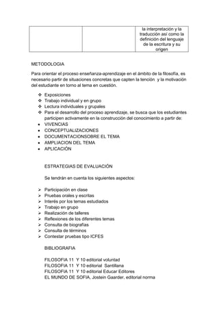 la interpretación y la
traducción así como la
definición del lenguaje
de la escritura y su
origen
METODOLOGIA
Para orientar el proceso enseñanza-aprendizaje en el ámbito de la filosofía, es
necesario partir de situaciones concretas que capten la tención y la motivación
del estudiante en torno al tema en cuestión.
 Exposiciones
 Trabajo individual y en grupo
 Lectura individuales y grupales
 Para el desarrollo del proceso aprendizaje, se busca que los estudiantes
participen activamente en la construcción del conocimiento a partir de:
VIVENCIAS
CONCEPTUALIZACIONES
DOCUMENTACIONSOBRE EL TEMA
AMPLIACION DEL TEMA
APLICACIÓN
ESTRATEGIAS DE EVALUACIÓN
Se tendrán en cuenta los siguientes aspectos:
 Participación en clase
 Pruebas orales y escritas
 Interés por los temas estudiados
 Trabajo en grupo
 Realización de talleres
 Reflexiones de los diferentes temas
 Consulta de biografías
 Consulta de términos
 Contestar pruebas tipo ICFES
BIBLIOGRAFIA
FILOSOFIA 11 Y 10 editorial voluntad
FILOSOFIA 11 Y 10 editorial Santillana
FILOSOFIA 11 Y 10 editorial Educar Editores
EL MUNDO DE SOFIA, Jostein Gaarder, editorial norma
 