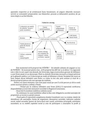 aparatele respective şi să urmărească buna funcţionare, să asigure obiectele necesare
servirii şi consumării preparatelor sau băuturilor, precum şi debarasării acestora de pe
mese după ce au fost folosite.
Este momentul să fii propriul tău STĂPÂN ! Să schimbi calitatea de angajat cu cea
de PATRON ! Să munceşti pentru tine , să fii propriul tău ŞEF dar şi al altora ! Cu siguranţă
este o idee la care aspiri mai demult, dar birocraţia, legea şi procedura greoaie de înfiinţare
a unei firme poate te-au descurajat. Până nu demult, birocraţia necesară şi timpul petrecut
pe la ghişeele publice i-ar fi descurajat pe mulţi să înfiinţeze o firmă. Începând din acest an
însă, timpul alocat înfiinţării unei firme s-a redus la trei zile, prin urmare şi visul de a
deveni propriul patron este mai aproape de realitate.
Pentru a-ţi uşura misiunea, care sunt paşii exacţi pe care îi ai de parcurs şi cât te costă
actele necesare pentru a infinţa o firmă:
- Primul pas în vederea înfiinţării unei firme (S.R.L) îl reprezintă verificarea
disponibilităţii şi rezervării denumirii societăţii la Registrul Comerţului.
- Pasul doi îl constituie stabilirea sediului social.
- În continuare în cazul imobilelor aflate la bloc este obligatoriu acordul asociaţiei de
proprietari, şi vecinii cu pereţi comuni.
- Pasul patru îl reprezintă completarea Actului Constitutiv care va conţine: datele de
identificare ale asociaţilor, forma de organizare, denumirea societăţii, indicarea sediului
social, sediul secundar (punct de lucru-dacă este cazul), activitatea principală, activitatea
secundară, se va stabilii capitalul social şi cota de participare a asociaţilor la profit şi
 