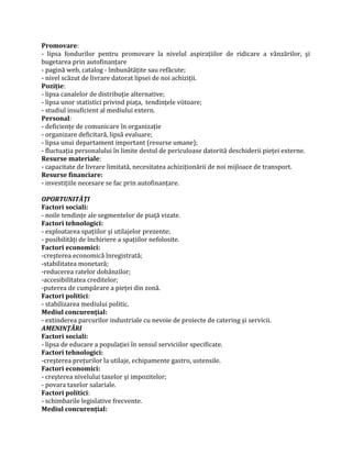 Promovare:
- lipsa fondurilor pentru promovare la nivelul aspiraţiilor de ridicare a vânzărilor, şi
bugetarea prin autofinanţare
- pagină web, catalog - îmbunătăţite sau refăcute;
- nivel scăzut de livrare datorat lipsei de noi achiziţii.
Poziţie:
- lipsa canalelor de distribuţie alternative;
- lipsa unor statistici privind piaţa, tendinţele viitoare;
- studiul insuficient al mediului extern.
Personal:
- deficienţe de comunicare în organizaţie
- organizare deficitară, lipsă evaluare;
- lipsa unui departament important (resurse umane);
- fluctuaţia personalului în limite destul de periculoase datorită deschiderii pieţei externe.
Resurse materiale:
- capacitate de livrare limitată, necesitatea achiziţionării de noi mijloace de transport.
Resurse financiare:
- investiţiile necesare se fac prin autofinanţare.
OPORTUNITĂŢI
Factori sociali:
- noile tendinţe ale segmentelor de piaţă vizate.
Factori tehnologici:
- exploatarea spaţiilor şi utilajelor prezente;
- posibilităţi de închiriere a spaţiilor nefolosite.
Factori economici:
-creşterea economică înregistrată;
-stabilitatea monetară;
-reducerea ratelor dobânzilor;
-accesibilitatea creditelor;
-puterea de cumpărare a pieţei din zonă.
Factori politici:
- stabilizarea mediului politic.
Mediul concurenţial:
- extinderea parcurilor industriale cu nevoie de proiecte de catering şi servicii.
AMENINŢĂRI
Factori sociali:
- lipsa de educare a populaţiei în sensul serviciilor specificate.
Factori tehnologici:
-creşterea preţurilor la utilaje, echipamente gastro, ustensile.
Factori economici:
- creşterea nivelului taxelor şi impozitelor;
- povara taxelor salariale.
Factori politici:
- schimbarile legislative frecvente.
Mediul concurenţial:
 