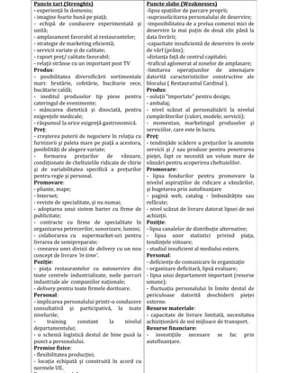 Puncte tari (Strenghts)
- experienţă în domeniu;
- imagine foarte bună pe piaţă;
- echipă de conducere experimentată și
unită;
- amplasament favorabil al restaurantelor;
- strategie de marketing eficientă;
- servicii variate și de calitate;
- raport preţ/ calitate favorabil;
- relaţii strânse cu un important post TV
Produs:
- posibilitatea diversificării sortimentale
mari: brutărie, cofetărie, bucătarie rece,
bucătarie caldă;
- ineditul produselor tip piese pentru
cateringul de evenimente;
- mâncarea dietetică şi disociată, pentru
exigenţele medicale;
- răspunsul la orice exigenţă gastronomică.
Preţ:
- creşterea puterii de negociere în relaţia cu
furnizorii şi paleta mare pe piaţă a acestora,
posibilităţi de alegere variate;
- formarea preţurilor de vânzare,
condiţionate de cheltuielile ridicate de chirie
şi de variabilitatea specifică a preţurilor
pentru regie şi personal.
Promovare:
- pliante, mape;
- Internet;
- reviste de specialitate, şi nu numai;
- adoptarea unui sistem barter cu firme de
publicitate;
- contracte cu firme de specialitate în
organizarea petrecerilor, sonorizare, lumini;
- colaborarea cu supermarket-uri pentru
livrarea de semipreparate;
- creearea unei divizii de delivery cu un nou
concept de livrare ’in time’.
Poziţie:
- piaţa restaurantelor cu autoservire din
toate centrele industrializate, noile parcuri
industriale ale companiilor naţionale;
- delivery pentru toate firmele doritoare.
Personal:
- implicarea personalului printr-o conducere
consultativă şi participativă, la toate
nivelurile;
- training constant la nivelul
departamentului;
- o schemă logistică destul de bine pusă la
punct a personalului.
Premise fizice:
- flexibilitatea producţiei;
- locaţia echipată şi construită în acord cu
normele UE.
Puncte slabe (Weaknesses)
-lipsa spaţiilor de parcare proprii;
-suprasolicitarea personalului de deservire;
-imposibilitatea de a prelua comenzi mici de
deservire la mai puţin de două zile până la
data livrării;
-capacitate insuficientă de deservire în orele
de vârf (prânz);
-distanţa faţă de centrul capitalei;
-traficul aglomerat al zonelor de amplasare;
-limitarea operaţiunilor de amenajare
datorită caracteristicilor constructive ale
blocului ( Restaurantul Cardinal ).
Produs:
- soluţii “importate” pentru design;
- ambalaj;
- nivel scăzut al personalizării la nivelul
cumpărătorilor (culori, modele, servicii);
- momentan, marketingul produselor şi
serviciilor, care este în lucru.
Preţ:
- tendinţăde scădere a preţurilor la anumite
servicii şi / sau produse pentru penetrarea
pieţei, fapt ce necesită un volum mare de
vânzări pentru acoperirea cheltuielilor.
Promovare:
- lipsa fondurilor pentru promovare la
nivelul aspiraţiilor de ridicare a vânzărilor,
şi bugetarea prin autofinanţare
- pagină web, catalog - îmbunătăţite sau
refăcute;
- nivel scăzut de livrare datorat lipsei de noi
achiziţii.
Poziţie:
- lipsa canalelor de distribuţie alternative;
- lipsa unor statistici privind piaţa,
tendinţele viitoare;
- studiul insuficient al mediului extern.
Personal:
- deficienţe de comunicare în organizaţie
- organizare deficitară, lipsă evaluare;
- lipsa unui departament important (resurse
umane);
- fluctuaţia personalului în limite destul de
periculoase datorită deschiderii pieţei
externe.
Resurse materiale:
- capacitate de livrare limitată, necesitatea
achiziţionării de noi mijloace de transport.
Resurse financiare:
- investiţiile necesare se fac prin
autofinanţare.
 