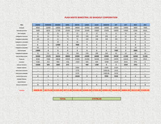 PLAN MIXTO BIMESTRAL DE RANDOLF CORPORATION


         Mes                ENERO    FEBRERO   MARZO      ABRIL     MAYO    JUNIO     JULIO     AGOSTO     SEP    OCT     NOV     DICI
       Demanda               8000     12000    18000      20000     28000   25000     26000     16000     18000   14000   9000    7000
  Demanda-inventario         3000     6816     17748      19100     27564   25000     25800     15400     18000   14000   6368    6024
    Dias Trabajados           22       19       21            22     21      21        22         11       21      22      18      21
Trabajadores necesarios       31       31       74            74    100      100       100       100       63      63      34      34
Trabajadores disponibles     100       31       31            74     74      100       100       100      100      63      63      34
Trabajadores contratados      0         0       43            0      26       0         0         0         0      0       0       0
 Costo de contratacion        0         0      12900          0     7800      0         0         0         0      0       0       0
Trabajadores despedidos       69        0        0            0      0        0         0         0        37      0       29      0
    Costo de despido        13800       0        0            0      0        0         0         0       7400     0      5800     0
Trabajadores empleados        31       31       74            74    100      100       100       100       63      63      34      34
 Costo de Mano de obra      20460     17670    46620      48840     63000   63000     66000     33000     39690   41580   18360   21420
       Produccion            8184     7068     18648      19536     25200   25200     26400     13200     15876   16632   7344    6024
       Inventario            5184      252      900           436   -2364    200       600       -2200    -2124   2632    976      0
  Costo por inventario      10368      504     1800           872            400      1200        0         0     5264    1952     0
   Unidades Faltantes         ….       ….       ….            ….    2364     ….        ….        2200     2124     ….      ….      ….
Horas extras necesarias       ….       ….       ….            ….    1576     ….        ….       1466.66   1416     ….      ….      ….
Horas extras empleadas        ….       ….       ….            ….    1576     ….        ….       1466.66   1416     ….      ….      ….
  Costo de horas extras       0         0        0            0     10638     0         0        9900     9558     0       0       0
   Unidades Faltantes         ….       ….       ….            ….     ….      ….        ….         ….       ….      ….      ….      ….
    Subcontratacion           ….       ….       ….            ….     ….      ….        ….         ….       ….      ….      ….      ….
 Costo por subcontratar       0         0        0            0      0        0         0         0         0      0       0       0


       TOTALES             44628.00 18174.00 61320.00 49712.00 81438.00 63400.00 67200.00 42900.00 56648.00 46844.00 26112.00 21420.00


                                                      TOTAL                         579796.00
 