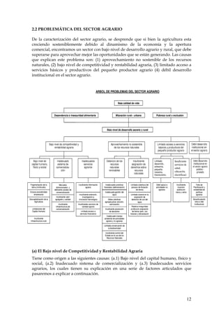 2.2 PROBLEMÁTICA DEL SECTOR AGRARIO

De la caracterización del sector agrario, se desprende que si bien la agricultura esta
creciendo sosteniblemente debido al dinamismo de la economía y la apertura
comercial, encontramos un sector con bajo nivel de desarrollo agrario y rural, que debe
superarse para aprovechar mejor las oportunidades que se están generando. Las causas
que explican este problema son: (1) aprovechamiento no sostenible de los recursos
naturales, (2) bajo nivel de competitividad y rentabilidad agraria, (3) limitado acceso a
servicios básicos y productivos del pequeño productor agrario (4) débil desarrollo
institucional en el sector agrario.




(a) El Bajo nivel de Competitividad y Rentabilidad Agraria
Tiene como origen a las siguientes causas: (a.1) Bajo nivel del capital humano, físico y
social, (a.2) Inadecuado sistema de comercialización y (a.3) Inadecuados servicios
agrarios, los cuales tienen su explicación en una serie de factores articulados que
pasaremos a explicar a continuación.




                                                                                      12
 