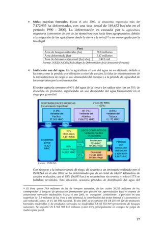 •    Malas prácticas forestales. Hasta el año 2000, la amazonía registraba más de
         7.172,953 ha deforestadas, con una tasa anual de 149,632 ha/año en el
         periodo 1990 - 2000). La deforestación es causada por la agricultura
         migratoria (conversión de uso de las tierras boscosas hacia fines agropecuarios, debido
         a la migración de los agricultores desde la sierra a la selva)14 y en menor grado por la
         tala ilegal.

                                             Perú
                   Área de bosques naturales (ha)         78.8 millones
                   Área deforestada (ha)                  7.17 millones
                   Tasa de deforestación anual (ha/año)     149.6 mil
                  Fuente: INRENA/CONAM (Mapa de Deforestación de la Amazonía Peruana)

    •    Ineficiente uso del agua. En la agricultura el uso del agua no es eficiente, debido a
         factores como la perdida por filtración a nivel de canales, la falta de mantenimiento de
         la infraestructura de riego, al uso desmedido del recurso y a la pérdida de capacidad de
         los reservorios por la sedimentación.

         El sector agrícola consume el 80% del agua de la costa y los utiliza sólo con un 35% de
         eficiencia en promedio, significando un uso desmedido del agua básicamente en el
         riego por gravedad.




             Fuente : INRENA

         Con respecto a la infraestructura de riego, de acuerdo a un inventario realizado por el
         INRENA en el año 2004, se ha determinado que de un total de 44,607 kilómetros de
         canales evaluados, casi el 83% (36,833 km.) se encontraban sin revestir y solo el 17% se
         hallaban revestidos. Esta situación, ocasiona pérdidas de distribución del agua del

14 El Perú posee 78.8 millones de ha de bosques naturales, de los cuales 20.213 millones de ha,

corresponden a bosques de producción permanente que pueden ser aprovechados bajo el sistema de
concesiones forestales maderables. Hasta el año 2005, se otorgaron concesiones a privados en una
superficie de 7.5 millones de ha. Pese a este potencial, la contribución del sector forestal a la economía es
aún reducido, aprox. el 1% del PBI nacional. El año 2007, se exportaron U$ U$ 235 169 228 de productos
forestales maderables y de productos forestales no maderables U$ 82 332 819 (proveniente de bosques
naturales). Se importó US $ 562 583 143 millones (valor CIF) principalmente en compra de pulpa de
madera para papel.


                                                                                                         17
 