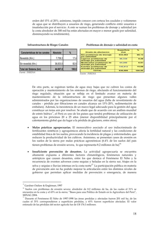 orden del 15% al 20%; asimismo, impide conocer con certeza los caudales y volúmenes
              de agua que se distribuyen a usuarios de riego, generando conflicto entre usuarios e
              insatisfacción por el servicio. A esto se suman los problemas de drenaje y salinidad (en
              la costa alrededor de 300 mil ha están afectadas en mayor o menor grado por salinidad,
              disminuyendo su rendimiento).



        Infraestructura de Riego: Canales                        Problemas de drenaje y salinidad en costa
                                                                                            Superficie            %

 Caracteristicas de los canales   Absoluto     %                Grado de afectación           (ha)
                                                           Sin problemas de drenaje           633,563             68.13
                                                           y/o salinidad
Revestido (Km.)                      7,758.3        17.4   Ligeros problemas de                86,339              9.28
                                                           drenaje y/o salinidad
                                                           Moderados problemas de              64,286              6.91
Sin revestido (Km.)                 36,833.0        82.6   drenaje y/o salinidad
                                                           Fuertes problemas de               145,812             15.68
                                                           drenaje y/o salinidad
Total del Sistema (km)              44,607.0       100.0               TOTAL                  930,000         100.00
Fuente : INRENA
                                                           Fuente : INRENA




             De otra parte, se registran tarifas de agua muy bajas que no cubren los costos de
             operación y mantenimiento de los sistemas de riego, afectando el funcionamiento del
             riego regulado, situación que se refleja en el limitado avance en materia de
             mantenimiento de la infraestructura de riego que presentan algunos valles
             administrados por las organizaciones de usuarios del agua (falta de revestimiento de
             canales - pérdida por filtraciones en canales alcanza un 15%-20%, sedimentación de
             embalses). Además, la inexistencia de un marco legal adecuado para la gestión del agua
             constituye un tema aún por resolver. Se añade que de acuerdo con un análisis mundial
                              15
             de estrés hídrico , el Perú es uno de los países que tendrá problemas de utilización de
             agua en los próximos 20 a 25 años (menor disponibilidad principalmente por el
             calentamiento global que da lugar a la pérdida de glaciares, entre otros).

        •     Malas prácticas agropecuarias. El monocultivo asociado al uso indiscriminado de
              fertilizantes sintéticos y agroquímicos afecta la fertilidad natural y las condiciones de
              estabilidad física de los suelos, provocando la incidencia de plagas y enfermedades, que
              reducen la productividad de los cultivos. Asimismo, se presentan casos de erosión en
              los suelos de la sierra por malas prácticas agronómicas (6.4% de los suelos del país
                                                                                              16.
              tienen problemas de erosión severa, lo que representa 8.2 millones de ha)

        •     Insuficiente prevención de desastres. La actividad agropecuaria se encuentra
              altamente expuesta a diferentes factores climatológicos, fenómenos naturales y
              antrópicos que causan desastres, entre los que destaca el Fenómeno El Niño y la
              recurrencia de eventos adversos como sequías y heladas en la sierra sur, friajes en la
                                                                     17.
              selva y sequías o lluvias intensas en la costa norte La participación pública en materia
              de prevención aún no ha podido mejorar la articulación entre los distintos niveles de
              gobierno que permitan aplicar medidas de prevención o emergencia, de manera



   15
      Gardner Outlaw & Engleman, 1997
   16
      Suelos con problemas de erosión severa: alrededor de 8.2 millones de ha, de las cuales el 31% se
   encuentra en la costa y el 65% en la sierra: “Bases para una Política de Estado en la Agricultura del Perú”,
   MINAG 2004.
   17
      Durante el Fenómeno El Niño de 1997-1998 las áreas perdidas y afectadas fueron 201 mil ha, de las
   cuales el 35% correspondieron a superficies pérdidas, y 65% fueron superficies afectadas. El valor
   estimado de las pérdidas del sector agrícola fue de U$ 174.1 millones.


                                                                                                           18
 