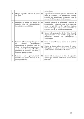 subterráneas.
5.   Otorgar seguridad jurídica al acceso       5.1   Regularizar la condición jurídica del usuario de
     del agua                                         riego de acuerdo a la normatividad vigente,
                                                      creando las condiciones necesarias para la
                                                      adecuación del otorgamiento del derecho.

6.   Promover la gestión del riesgo de          6.1   Formular medidas de prevención, atención de
     desastres ante el comportamiento                 contingencias y rehabilitación a fin de reducir el
     irregular del recurso hídrico.                   riesgo de pérdida de la superficie agrícola,
                                                      infraestructura productiva y recursos naturales en
                                                      coordinación con las instancias competentes.

                                                6.2   Promover la participación de los GR y GL en la
                                                      implementación de las medidas propuestas de
                                                      prevención, atención de contingencias y
                                                      rehabilitación.

7.   Fomentar el buen manejo del agua en        7.1   Crear las autoridades de cuenca en el territorio
     las        cuencas         hidrográficas         nacional
     manteniendo el equilibrio entre la
                                                      Diseñar y ejecutar planes de manejo de cuenca
     oferta y la demanda de agua, dentro        7.2
                                                      hidrográfica en todo el territorio nacional, bajo la
     del concepto de seguridad hídrica,
                                                      conducción de las autoridades de cuenca
     previendo la ocurrencia de crisis y
     conflictos por este recurso.

8.   Fomentar      el     aprovechamiento       8.1   Promover la construcción de obras de regulación
     eficiente del recurso hídrico en la              (presas) que eviten la pérdida del recurso hídrico
     cuenca del pacifico.                             en el mar.




                                                                                                38
 