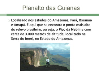 Planalto das Guianas
 Localizado nos estados do Amazonas, Pará, Roraima
e Amapá. É aqui que se encontra o ponto mais alto
do relevo brasileiro, ou seja, o Pico da Neblina com
cerca de 3.000 metros de altitude, localizado na
Serra do Imeri, no Estado do Amazonas.
 
