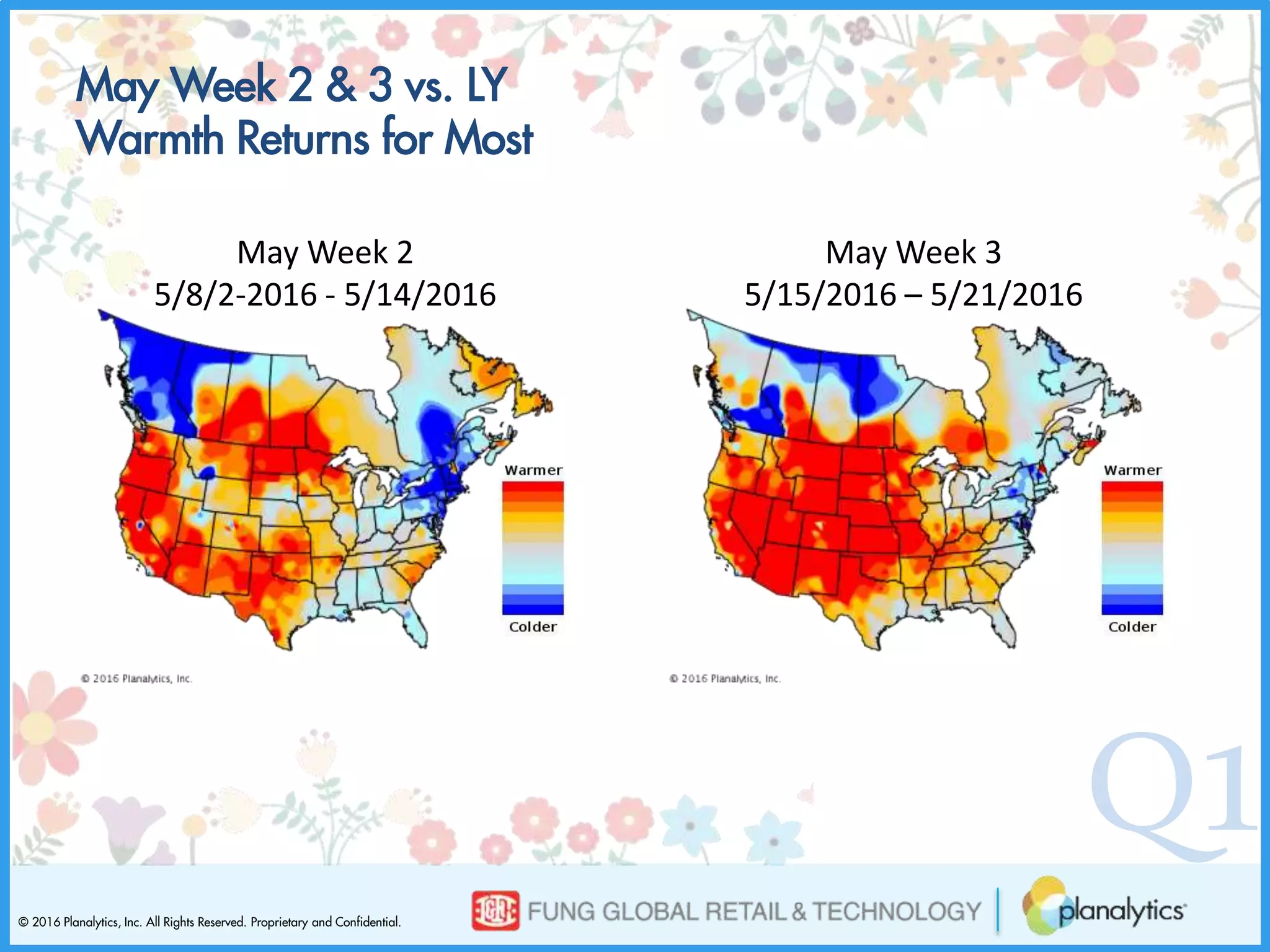 © 2016 Planalytics, Inc. All Rights Reserved. Proprietary and Confidential.
Q1
May Week 2 & 3 vs. LY
Warmth Returns for Most
May Week 2
5/8/2-2016 - 5/14/2016
May Week 3
5/15/2016 – 5/21/2016
 