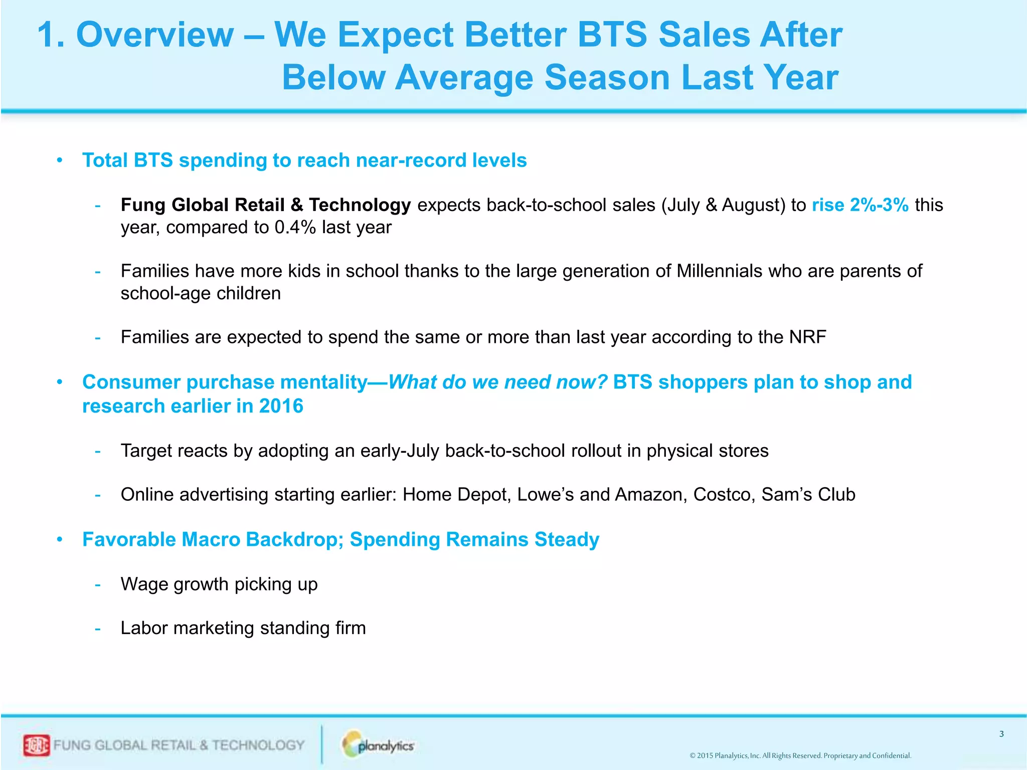 © 2015Planalytics,Inc.AllRightsReserved.ProprietaryandConfidential.
3
1. Overview – We Expect Better BTS Sales After
Below Average Season Last Year
• Total BTS spending to reach near-record levels
- Fung Global Retail & Technology expects back-to-school sales (July & August) to rise 2%-3% this
year, compared to 0.4% last year
- Families have more kids in school thanks to the large generation of Millennials who are parents of
school-age children
- Families are expected to spend the same or more than last year according to the NRF
• Consumer purchase mentality—What do we need now? BTS shoppers plan to shop and
research earlier in 2016
- Target reacts by adopting an early-July back-to-school rollout in physical stores
- Online advertising starting earlier: Home Depot, Lowe’s and Amazon, Costco, Sam’s Club
• Favorable Macro Backdrop; Spending Remains Steady
- Wage growth picking up
- Labor marketing standing firm
 
