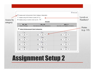 Levels or
Assess by                   Numbers?
category

                             Points
                             (e.g. /15)




       Assignment Setup 2
 