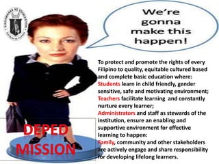 To protect and promote the rights of every
Filipino to quality, equitable cultured based
and complete basic education where:
Students learn in child friendly, gender
sensitive, safe and motivating environment;
Teachers facilitate learning and constantly
nurture every learner;
Administrators and staff as stewards of the
institution, ensure an enabling and
supportive environment for effective
learning to happen:
Family, community and other stakeholders
are actively engage and share responsibility
for developing lifelong learners.
 