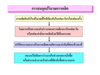 การสมดุลปริมาณการผลิต
การผลิตสินค้าในปริมาณที่ใกล้เคียงกันในแต่ละวันหรือแต่ละครั้ง
โดยการปรับความแปรปรวนของความต้องการในแต่ละวัน
หรือแต่ละคาสั่งการผลิตด้วยวิธีที่เหมาะสม
ทาให้คนงานสะดวกในการผลิตตามอัตราและลาดับที่ค่อนข้างคงที่
คนงานไม่เกิดการว่างงานในช่วงขาดการสั่งซื้อ
หรือทางานล่วงเวลาในช่วงที่มีคาสั่งซื้อจานวนมาก
 