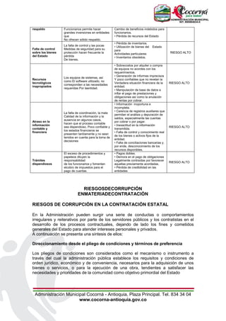 Administración Municipal Cocorná - Antioquia, Plaza Principal. Tel. 834 34 04
www.cocorna-antioquia.gov.co
respaldo Funcionarios permite hacer
grandes inversiones en entidades
que
No ofrecen sólido respaldo.
Cambio de beneficios indebidos para
funcionarios.
• Pérdida de recursos del Estado
Falta de control
sobre los bienes
del Estado
La falta de control y las pocas
Medidas de seguridad para su
protección hacen frecuente la
pérdida
De bienes.
• Pérdida de inventarios.
• Utilización de bienes del Estado
para
Actividades particulares
• Inventarios obsoletos.
RIESGO ALTO
Recursos
tecnológicos
inapropiados
Los equipos de sistemas, así
como El software utilizado, no
corresponden a las necesidades
requeridas Por laentidad.
• Sobrecostos por alquiler o compra
de equipos no acordes con los
requerimientos.
• Generación de informes imprecisos
Y poco confiables que no revelan la
Verdadera situación financiera de la
entidad.
• Manipulación de base de datos e
inflar el pago de prestaciones y
obligaciones así como la anulación
de rentas por cobrar.
RIESGO ALTO
Atraso en la
información
contable y
financiera
La falta de coordinación, la mala
Calidad de la información y la
ausencia en algunos casos,
hacen que el proceso contable
sea dispendioso, Poco confiable y
los estados financieros se
presenten tardíamente y no sean
tenidos en cuenta para la toma de
decisiones
• Información inoportuna e
incompleta.
• Carencia de registros auxiliares que
permitan el análisis y depuración de
saldos, especialmente las cuentas
por cobrar o por pagar.
• Inexactitud en la información
transmitida.
• Falta de control y conocimiento real
de los bienes o activos fijos de la
entidad.
• Falta de conciliaciones bancarias y,
por ende, desconocimiento de los
recursos disponibles.
RIESGO ALTO
Trámites
dispendiosos
El exceso de procedimientos y
papeleos diluyen la
responsabilidad
de los funcionarios y fomentan
elcobro de impuestos para el
pago de cuentas.
• Pagos dobles.
• Demora en el pago de obligaciones
Legalmente contraídas por favorecer
aquellas previamente acordadas.
• Pérdida de credibilidad en las
entidades
RIESGO ALTO
RIESGOSDECORRUPCIÓN
ENMATERIADECONTRATACIÓN
RIESGOS DE CORRUPCIÓN EN LA CONTRATACIÓN ESTATAL
En la Administración pueden surgir una serie de conductas o comportamientos
irregulares y reiterativos por parte de los servidores públicos y los contratistas en el
desarrollo de los procesos contractuales, dejando de lado los fines y cometidos
generales del Estado para atender intereses personales y privados.
A continuación se presenta una síntesis de ellos:
Direccionamiento desde el pliego de condiciones y términos de preferencia
Los pliegos de condiciones son considerados como el mecanismo o instrumento a
través del cual la administración pública establece los requisitos y condiciones de
orden jurídico, económico y de conveniencia, necesarios para la adquisición de unos
bienes o servicios, o para la ejecución de una obra, tendientes a satisfacer las
necesidades y prioridades de la comunidad como objetivo primordial del Estado
 