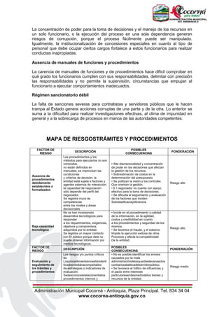 Administración Municipal Cocorná - Antioquia, Plaza Principal. Tel. 834 34 04
www.cocorna-antioquia.gov.co
La concentración de poder para la toma de decisiones y el manejo de los recursos en
un solo funcionario, o la ejecución del proceso en una sola dependencia generan
riesgos de corrupción, porque el proceso fácilmente puede ser manipulado.
Igualmente, la institucionalización de concesiones especiales en cuanto al tipo de
personal que debe ocupar ciertos cargos fortalece a estos funcionarios para realizar
conductas inapropiadas.
Ausencia de manuales de funciones y procedimientos
La carencia de manuales de funciones y de procedimientos hace difícil comprobar en
qué grado los funcionarios cumplen con sus responsabilidades, delimitar con precisión
las responsabilidades y no permite la supervisión, circunstancias que empujan al
funcionario a ejecutar comportamientos inadecuados.
Régimen sancionatorio débil
La falta de sanciones severas para contratistas y servidores públicos que le hacen
trampa al Estado genera acciones corruptas de una parte y de la otra. Lo anterior se
suma a la dificultad para realizar investigaciones efectivas, al clima de impunidad en
general y a la sobrecarga de procesos en manos de las autoridades competentes.
MAPA DE RIESGOSTRÁMITES Y PROCEDIMIENTOS
FACTOR DE
RIESGO
DESCRIPCIÓN
POSIBLES
CONSECUENCIAS
PONDERACIÓN
Ausencia de
procedimientos
debidamente
establecidos o
formalizados
Los procedimientos y los
métodos para ejecutarlos no son
conocidos,
no están definidos en
manuales; se improvisan las
condiciones
y criterios de decisión; la
entidad está sujeta a factores y
agentes externos de interacción;
la capacidad de negociación
sólo depende del perfil del
negociador.
Se registra cruce de
competencias
entre los niveles y áreas
decisionales
• Alta discrecionalidad y concentración
de poder en las decisiones que afectan
la gestión de los recursos.
• Sobrestimación de costos en la
determinación del presupuesto.
• Se politizan la visión y los controles
Que orientan la gestión.
• E l negociador no cuenta con apoyo
efectivo para la toma de decisiones.
• Se dificulta el seguimiento y evaluación
de los factores que inciden
Sobrelaeficaciayeficiencia
Riesgo alto
Baja capacidad
tecnológica
No se han incorporado
desarrollos tecnológicos para
responder
a los requerimientos, exigencias,
objetivos y compromisos
adquiridos por la entidad.
Se registra un mayor contacto
con El público porque éste no
puede obtener información por
medios tecnológicos.
• Incide en el procedimiento y calidad
de la información, en la agilidad,
costos y credibilidad en cuanto
a los procedimientos y seguridad de los
mismos.
• Se favorece el fraude, y el soborno
Impide la ejecución exitosa de otros
Procesos y afecta la competitividad
De la entidad.
Riesgo alto
FACTOR DE
RIESGO
DESCRIPCIÓN
POSIBLES
CONSECUENCIAS
PONDERACIÓN
Evaluación y
seguimiento de
los trámites y
procedimientos
Los riesgos y/o puntos críticos
de
Losprocedimientosnoestánidenti
ficadosniestánacompañados
de estrategias o indicadores de
evaluación.
Sedesconocelarelaciónentrelos
procedimientos internos y
• No es posible identificar los errores
causados por la mala
administracióndelosqueobedecenaactos
contrariosalaéticadelservidorpúblico.
• Se favorece el tráfico de influencias y
el pacto entre intereses
particularesendesmedrodelos bienes y
recursos de la entidad.
Riesgo medio
 