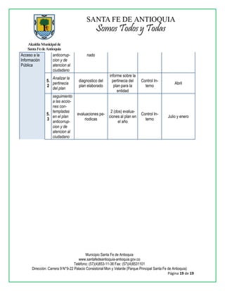 Municipio Santa Fe de Antioquia
www.santafedeantioquia-antioquia.gov.co
Teléfono: (57)(4)853-11-36 Fax: (57)(4)8531101
Dirección: Carrera 9 N°9-22 Palacio Consistorial Mon y Velarde (Parque Principal Santa Fe de Antioquia)
Página 19 de 19
Acceso a la
Información
Pública
anticorrup-
cion y de
atencion al
ciudadano
nado
5.
2
Analizar la
pertinecia
del plan
diagnostico del
plan elaborado
informe sobre la
pertinecia del
plan para la
entidad
Control In-
terno
Abril
5.
3
seguimiento
a las accio-
nes con-
templadas
en el plan
anticorrup-
cion y de
atencion al
ciudadano
evaluaciones pe-
riodicas
2 (dos) evalua-
ciones al plan en
el año
Control In-
terno
Julio y enero
 