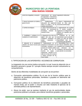 MUNICIPIO DE LA PINTADA
UNA NUEVA VISION
control de la ilegalidad y corrupción. implementación del manual
de supervisión e interventoria
para el Municipio ajustado a la
norma.
capacitación institucional
2. Nuevos funcionarios con talento y
ganas de servir
2. Establecimiento y
adecuación del reglamento
interno de trabajo y de las
medidas anticorrupción
2. Ajuste e implementación del
manual de ética para los
funcionarios del Municipio
3. Cambios tecnológicos 3. Apoyo institucional para los
procesos de reconversión
tecnológica, rendición de
cuentas en línea
3. Implementación de la política
de “0” hechos cumplidos y
legalización de obligaciones que
adolecen de requisitos para su
legalización
4. Credibilidad y confianza de la
ciudadanía en la administración
4. Disposición de un link en la
página web para que los
ciudadanos manifiesten sus
quejas, inquietudes y
reclamos.
4. Existencia de un acto
administrativo para la atención al
público por parte del Alcalde y
disponibilidad total de los
funcionarios para atenderlos
5. Aplicación de la actualización
catastral y de nuevos recursos para
funcionamiento
5. Implementación de un
programa de información a la
comunidad, simultaneo a los
procesos de rendición pública
de cuentas. Uso de los
buzones de quejas y
sugerencias ubicados en la
sede de la Casa de la cultura
y Palacio municipal Jair de
Jesús Castillo.
5. Disponibilidad física y virtual
del manual antitrámites para la
ciudadanía de un programa radial
para interactuar con la
ciudadanía y del personal idóneo
para atender a la comunidad.
5. TIPIFICACION DE LAS DIFERENTES ACCIONES DE CORRUPCION:
La trasgresión de una norma implica corrupción, lo cual busca la obtención de un
beneficio personal o grupal. El corrupto intenta siempre encubrir activamente su
comportamiento.
Dentro de las diferentes modalidades de corrupción se encuentran:
a. Corrupción administrativa pública: Es el uso de la función pública para la
obtención de beneficios personales, familiares o grupales en detrimento del
patrimonio público.
b. Corrupción política: Es la obtención de beneficios personales o grupales de
manera ilícita, por el poder o vínculos con éste mediante el ejercicio de la
actividad política o de representación.
c. Abuso de poder, que se expresa mediante el uso de oportunidades desde
posiciones públicas o privadas, para obtener beneficios grupales o personales.
AVENIDA 30 No. 31-09 – Teléfono 845 42 16 – Fax 845 35 62
 
