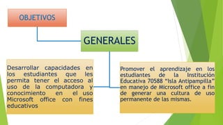 OBJETIVOS
GENERALES
Desarrollar capacidades en
los estudiantes que les
permita tener el acceso al
uso de la computadora y
conocimiento en el uso
Microsoft office con fines
educativos
Promover el aprendizaje en los
estudiantes de la Institución
Educativa 70588 “Isla Antipampilla”
en manejo de Microsoft office a fin
de generar una cultura de uso
permanente de las mismas.
 