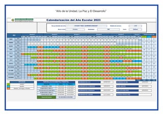 “Año de la Unidad, La Paz y El Desarrollo”
Lu Ma Mi J V S D L Ma Mi J V S D L Ma Mi J V S D L Ma Mi J V S D L Ma Mi J V S D L Ma Mi L G D
Fecha 1 2 3 4 5 6 7 8 9 10 11 12 13 14 15 16 17 18 19 20 21 22 23 24 25 26 27 28 29 30 31
Tip o d e dí a
Fecha 1 2 3 4 5 6 7 8 9 10 11 12 13 14 15 16 17 18 19 20 21 22 23 24 25 26 27 28
Tip o d e dí a
Fecha 1 2 3 4 5 6 7 8 9 10 11 12 13 14 15 16 17 18 19 20 21 22 23 24 25 26 27 28 29 30 31
Tip o d e dí a G G G D D G G G G G D D L L L L L D D L L L L L D D L L L L L
Fecha 1 2 3 4 5 6 7 8 9 10 11 12 13 14 15 16 17 18 19 20 21 22 23 24 25 26 27 28 29 30
Tip o d e dí a D D L L L D D D D L L L L L D D L L L L L D D L L L L L D D
Fecha 1 2 3 4 5 6 7 8 9 10 11 12 13 14 15 16 17 18 19 20 21 22 23 24 25 26 27 28 29 30 31
Tip o d e dí a D L L L L D D L L L L L D D L L L L L D D L L L L L D D L L L
Fecha 1 2 3 4 5 6 7 8 9 10 11 12 13 14 15 16 17 18 19 20 21 22 23 24 25 26 27 28 29 30
Tip o d e dí a L L D D L D L L D D D L L L L L D D L L L L L D D L L L D L
Fecha 1 2 3 4 5 6 7 8 9 10 11 12 13 14 15 16 17 18 19 20 21 22 23 24 25 26 27 28 29 30 31
Tip o d e dí a D D L L L D L D D L L L L L D D L L L L L D D G G G G D D D G
Fecha 1 2 3 4 5 6 7 8 9 10 11 12 13 14 15 16 17 18 19 20 21 22 23 24 25 26 27 28 29 30 31
Tip o d e dí a G G G G D D L L L L L D D L L L L D D D L L L L L D D L L D L
Fecha 1 2 3 4 5 6 7 8 9 10 11 12 13 14 15 16 17 18 19 20 21 22 23 24 25 26 27 28 29 30
Tip o d e dí a L D D L D L L L D D L L L L L D D L L L L L D D L L L L L D
Fecha 1 2 3 4 5 6 7 8 9 10 11 12 13 14 15 16 17 18 19 20 21 22 23 24 25 26 27 28 29 30 31
Tip o d e dí a D L L L L L D D L L L L L D D L L L L L D D L L L L L D D L L
Fecha 1 2 3 4 5 6 7 8 9 10 11 12 13 14 15 16 17 18 19 20 21 22 23 24 25 26 27 28 29 30
Tip o d e dí a D L L D D L L L L L D D L L L L L D D L L L L D D D L L L L
Fecha 1 2 3 4 5 6 7 8 9 10 11 12 13 14 15 16 17 18 19 20 21 22 23 24 25 26 27 28 29 30 31
Tip o d e dí a L D D L L L L D D D L L L L L D D L L L L L D D D G G G G D D
182 38 96
L
G
D
Nombre(s) y apellidos del representante del CONEI: LILI JUDITH PEREZ FLORES
Nro de DNI: 48165043 Nro de celular : 986825277
Nro y/o Nombre de la IE:
Nivel o Ciclo:
Clausura año escolar
IVBIMESTRE/IIITRIM 22/12/2023
DEL 26/12/2023 al 29/12/2023
IIIBIMESTRE/IITRIM (2)
21/11/2023
V
ACACIONESESTUDIA
NTIL
ES 4/08/2023
13/10/2023
Primaria EBR Mañana
MES
Semana 1 Semana 2 Semana 3 Semana 4 Semana 5 Semana 6
13/03/2023
15/05/2023
24/07/2023
07/08/2023
16/10/2023
ANIVERSARIO DE LA I.E. 18/08/2023
ANIVERSARIO DE LA COMUNIDAD
ANIVERSARIO DE LA PROVINCIA
ANIVERSARIO DE LA REGIÓN
9/06/2023
30/05/2023
Cantidad de días por tipo
ENERO 0 0 0
FEBRERO 0 0 0
15 8 8
ABRIL 18 0 12
MAYO 22 0 9
MARZO
19 0 11
JULIO 14 5 12
AGOSTO 17 4 10
JUNIO
0 10
Total:
OCTUBRE 22 0 9
NOVIEMBRE 20 0 10
IBIMESTRE/ ITRIM
IIBIMESTRE/IITRIM (1)
TÉRMINO
INICIO
12/05/2023
21/07/2023
ANIVERSARIO DE UGEL
SEPTIEMBRE 20
DIA DEL MAESTRO 6/07/2023
BATLLA DE HIGOS URCO 6/06/2023
ASISTENCIA TÉCNICA UGEL
2/06/2023
Calendarización del Año Escolar 2023
Gestión
Sábados, domingos y feriados
J E R
Modalidad :
Modelo de servicio:
Turno:
N°16294 "JOSE A. QUIÑONES GONZALES"
TIPO DE DÍA
Lectivo
DICIEMBRE 15 4 12
TEMPORALIZACIÓN BIMESTRAL/TRIMESTRAL
BIMESTRE
 