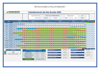 “Año de la Unidad, La Paz y El Desarrollo”
Lu Ma Mi J V S D L Ma Mi J V S D L Ma Mi J V S D L Ma Mi J V S D L Ma Mi J V S D L Ma Mi L G D
Fecha 1 2 3 4 5 6 7 8 9 10 11 12 13 14 15 16 17 18 19 20 21 22 23 24 25 26 27 28 29 30 31
Tipo de dí a
Fecha 1 2 3 4 5 6 7 8 9 10 11 12 13 14 15 16 17 18 19 20 21 22 23 24 25 26 27 28
Tipo de dí a
Fecha 1 2 3 4 5 6 7 8 9 10 11 12 13 14 15 16 17 18 19 20 21 22 23 24 25 26 27 28 29 30 31
Tipo de dí a G G G D D G G G G G D D L L L L L D D L L L L L D D L L L L L
Fecha 1 2 3 4 5 6 7 8 9 10 11 12 13 14 15 16 17 18 19 20 21 22 23 24 25 26 27 28 29 30
Tipo de dí a D D L L L D D D D L L L L L D D L L L L L D D L L L L L D D
Fecha 1 2 3 4 5 6 7 8 9 10 11 12 13 14 15 16 17 18 19 20 21 22 23 24 25 26 27 28 29 30 31
Tipo de dí a D L L L L D D L L L L L D D L L L L L D D L L L L L D D L L L
Fecha 1 2 3 4 5 6 7 8 9 10 11 12 13 14 15 16 17 18 19 20 21 22 23 24 25 26 27 28 29 30
Tipo de dí a L L D D L D L L D D D L L L L L D D L L L L L D D L L L D L
Fecha 1 2 3 4 5 6 7 8 9 10 11 12 13 14 15 16 17 18 19 20 21 22 23 24 25 26 27 28 29 30 31
Tipo de dí a D D L L L D L D D L L L L L D D L L L L L D D G G G G D D D G
Fecha 1 2 3 4 5 6 7 8 9 10 11 12 13 14 15 16 17 18 19 20 21 22 23 24 25 26 27 28 29 30 31
Tipo de dí a G G G G D D L L L L L D D L L L L D D D L L L L L D D L L D L
Fecha 1 2 3 4 5 6 7 8 9 10 11 12 13 14 15 16 17 18 19 20 21 22 23 24 25 26 27 28 29 30
Tipo de dí a L D D L D L L L D D L L L L L D D L L L L L D D L L L L L D
Fecha 1 2 3 4 5 6 7 8 9 10 11 12 13 14 15 16 17 18 19 20 21 22 23 24 25 26 27 28 29 30 31
Tipo de dí a D L L L L L D D L L L L L D D L L L L L D D L L L L L D D L L
Fecha 1 2 3 4 5 6 7 8 9 10 11 12 13 14 15 16 17 18 19 20 21 22 23 24 25 26 27 28 29 30
Tipo de dí a D L L D D L L L L L D D L L L L L D D L L L L D D D L L L L
Fecha 1 2 3 4 5 6 7 8 9 10 11 12 13 14 15 16 17 18 19 20 21 22 23 24 25 26 27 28 29 30 31
Tipo de dí a L D D L L L L D D D L L L L L D D L L L L L D D D G G G G D D
182 38 96
L
G
D
Nombre(s) y apellidos del representante del CONEI: LILI JUDITH PEREZ FLORES
Nro de DNI: 48165043 Nro de celular : 986825277
Nro y/o Nombre de la IE:
Nivel o Ciclo:
Clausura año escolar
IVBIMESTRE/IIITRIM 22/12/2023
DEL 26/12/2023 al 29/12/2023
IIIBIMESTRE/II TRIM (2)
21/11/2023
VACACIONESESTUDIANTIL
ES 4/08/2023
13/10/2023
Secundaria EBR Mañana
MES
Semana 1 Semana 2 Semana 3 Semana 4 Semana 5 Semana 6
13/03/2023
15/05/2023
24/07/2023
07/08/2023
16/10/2023
ANIVERSARIO DE LA I.E. 18/08/2023
ANIVERSARIO DE LA COMUNIDAD
ANIVERSARIO DE LA PROVINCIA
ANIVERSARIO DE LA REGIÓN
9/06/2023
30/05/2023
Cantidad de días por tipo
ENERO 0 0 0
FEBRERO 0 0 0
15 8 8
ABRIL 18 0 12
MAYO 22 0 9
MARZO
19 0 11
JULIO 14 5 12
AGOSTO 17 4 10
JUNIO
0 10
Total:
OCTUBRE 22 0 9
NOVIEMBRE 20 0 10
IBIMESTRE/ ITRIM
IIBIMESTRE/IITRIM (1)
TÉRMINO
INICIO
12/05/2023
21/07/2023
ANIVERSARIO DE UGEL
SEPTIEMBRE 20
DIA DEL MAESTRO 6/07/2023
BATLLA DE HIGOS URCO 6/06/2023
ASISTENCIA TÉCNICA UGEL
2/06/2023
Calendarización del Año Escolar 2023
Gestión
Sábados, domingos y feriados
J E R
Modalidad :
Modelo de servicio:
Turno:
N°16294 "JOSE A. QUIÑONES GONZALES"
TIPO DE DÍA
Lectivo
DICIEMBRE 15 4 12
TEMPORALIZACIÓN BIMESTRAL/TRIMESTRAL
BIMESTRE
 