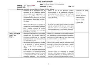9
- Valoración de la importancia de las
funciones de las divisiones político-
administrativas en la organización del
espacio geográfico, con especial
referencia a dichas divisiones de España
en América que involucraron a Cuyo y
Mendoza.
- Identificación de los circuitos productivos
mediante las relacionesque se establecen
entre espacios urbanos y rurales,
haciendoreferenciaalosque involucraron
los territorios coloniales.
- valorar el rol de las divisiones político-
administrativas en la organización territorial,
centrándose en las divisiones de España en
América, especialmente las que involucraron a
Cuyo y Mendoza.
- Identificarlos circuitos productivosen el contexto
colonial, comprendiendo cómo se establecieron
relaciones entre los espacios urbanos y rurales, y
cómo estas afectaron a los territorios coloniales.
- Corrección de tareas
numéricas.
- Revisión de tareas.
- Trabajo práctico.
- Examen escrito
- Examen oral
LAS SOCIEDADES A
TRAVÉS DEL
TIEMPO
- Identificaciónde los recursostecnológicos
utilizados por los pueblos originarios
americanos (en particular de Argentina)
para transformarla naturalezaysatisfacer
sus necesidades de vida.
- Identificaciónde losmotivosque impulsan
a las personas en distintas épocas y
lugares a migrar desde sus lugares de
origen.
- Análisis de las principales motivaciones
que impulsarona los europeos,aexplorar
y conquistarel espacioregional y nacional
y el impacto en las formas de vida de las
sociedades indígenas y sus respuestas
- Identificar y comprender los recursos tecnológicos
que usaban los pueblos originarios americanos,
especialmente los de Argentina, para adaptarse a
su entorno y cubrir sus necesidades.
- Identificar las razones que han impulsado a las
personas a migrar en diferentes épocas y lugares,
entendiendo tanto los factores internos como
externos.
- Entenderá cómo se organizaba la sociedad
colonial y cómo esa organización influía en las
actividades productivas, el manejo de recursos
naturales, y las creencias y derechos de la época.
 