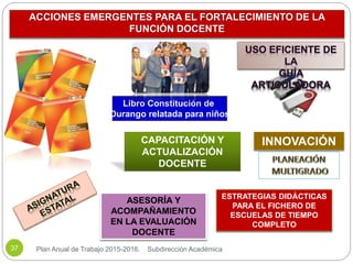 ACCIONES EMERGENTES PARA EL FORTALECIMIENTO DE LA
FUNCIÓN DOCENTE
Plan Anual de Trabajo 2015-2016. Subdirección Académica37
INNOVACIÓN
Libro Constitución de
Durango relatada para niños
ESTRATEGIAS DIDÁCTICAS
PARA EL FICHERO DE
ESCUELAS DE TIEMPO
COMPLETO
CAPACITACIÓN Y
ACTUALIZACIÓN
DOCENTE
ASESORÍA Y
ACOMPAÑAMIENTO
EN LA EVALUACIÓN
DOCENTE
 